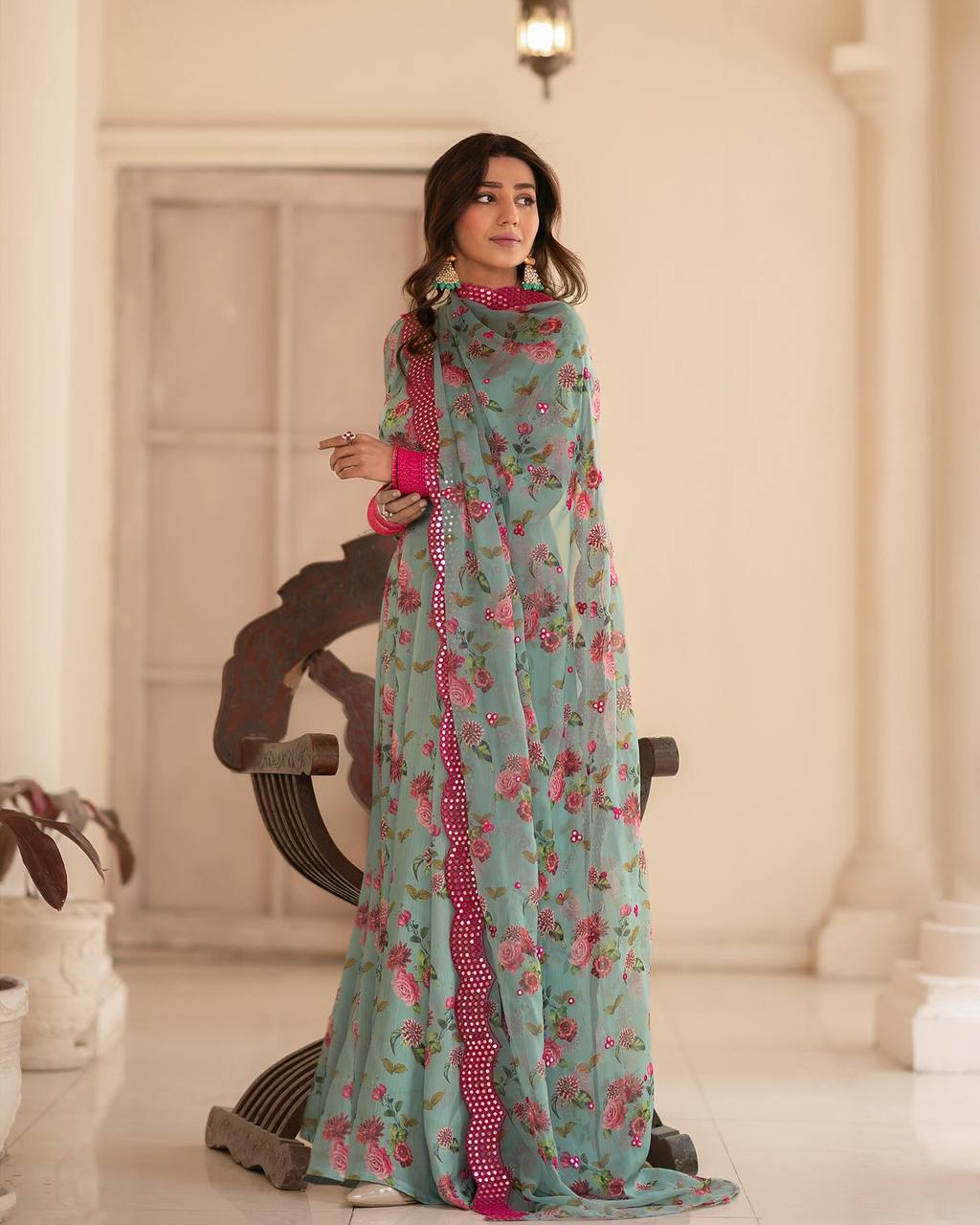 Teeya Creation Multicolor Chinon Silk Digital Print With Sequence Work Anarkali With Pants And Dupatta
