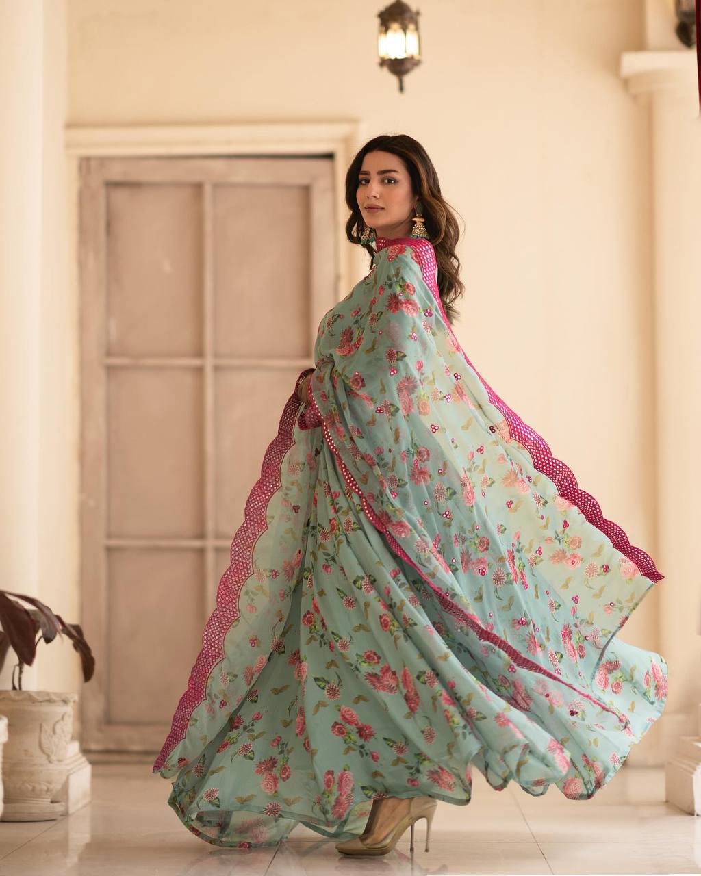 Teeya Creation Multicolor Chinon Silk Digital Print With Sequence Work Anarkali With Pants And Dupatta