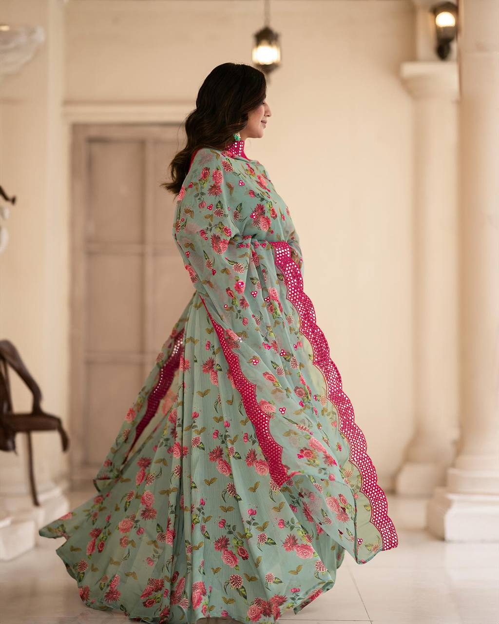 Teeya Creation Multicolor Chinon Silk Digital Print With Sequence Work Anarkali With Pants And Dupatta