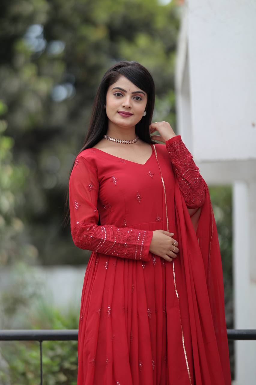 Teeya Creation Maroon Color Georgette Heavy Embroidery And Sequence Work Anarkali With Pants And Dupatta