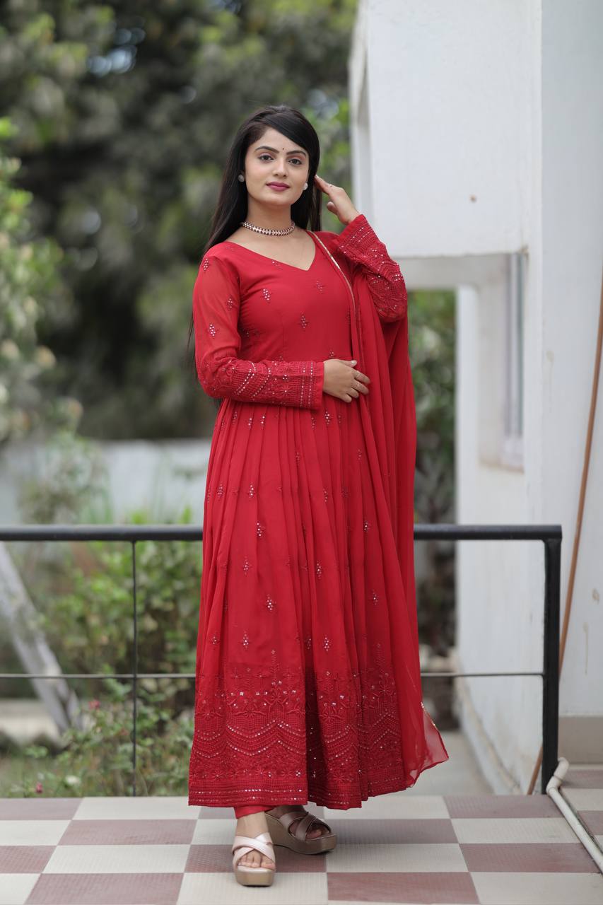 Teeya Creation Maroon Color Georgette Heavy Embroidery And Sequence Work Anarkali With Pants And Dupatta