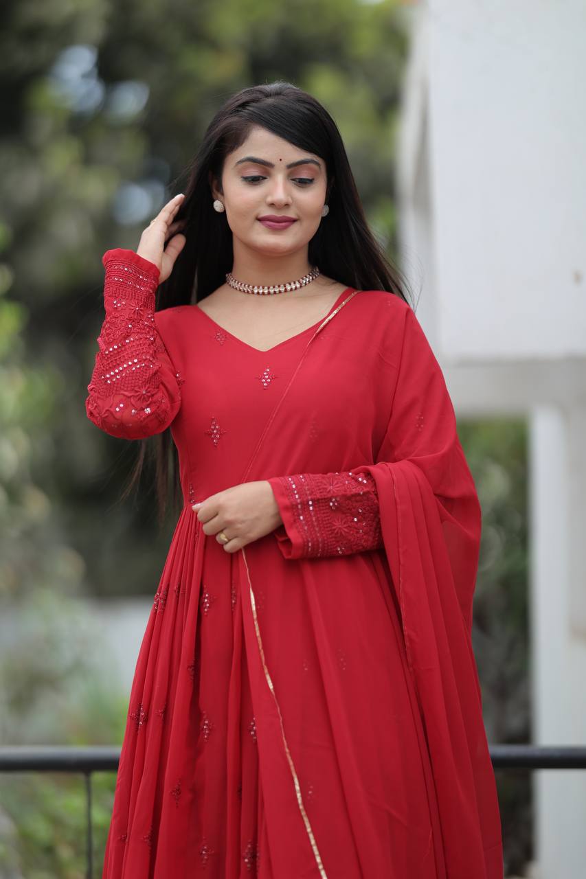 Teeya Creation Maroon Color Georgette Heavy Embroidery And Sequence Work Anarkali With Pants And Dupatta