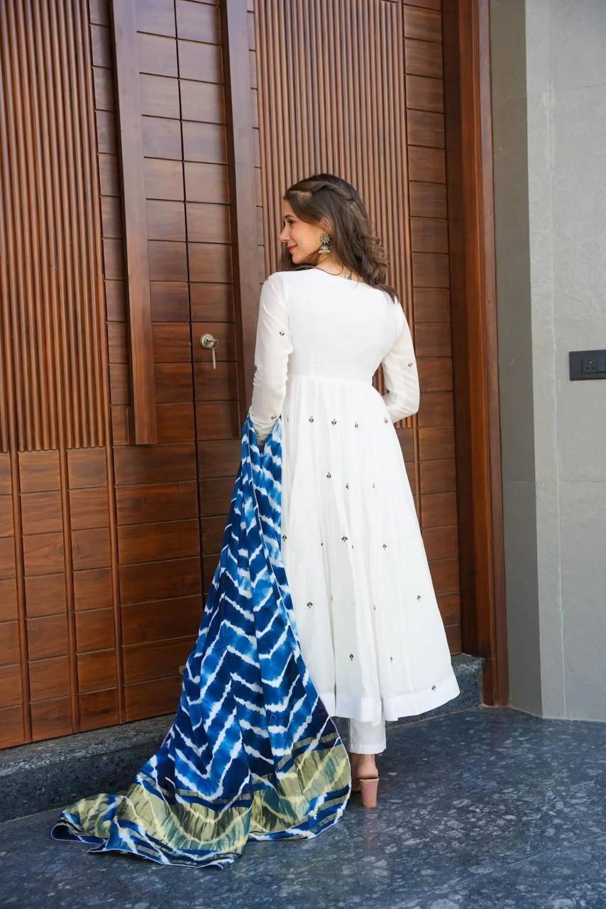 Teeya Creation White Color Roman Cotton Embroidery And Sequence Work Anarkali With Pants And Dupatta