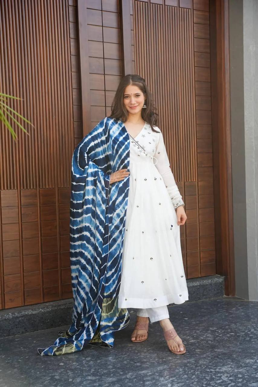 Teeya Creation White Color Roman Cotton Embroidery And Sequence Work Anarkali With Pants And Dupatta