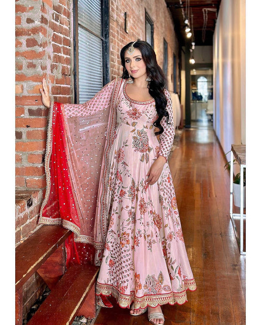 Teeya Creation Pink Colour Faux Georgette Digital Print With Embroidery And Sequence Work Anarkali With Pants And Dupatta
