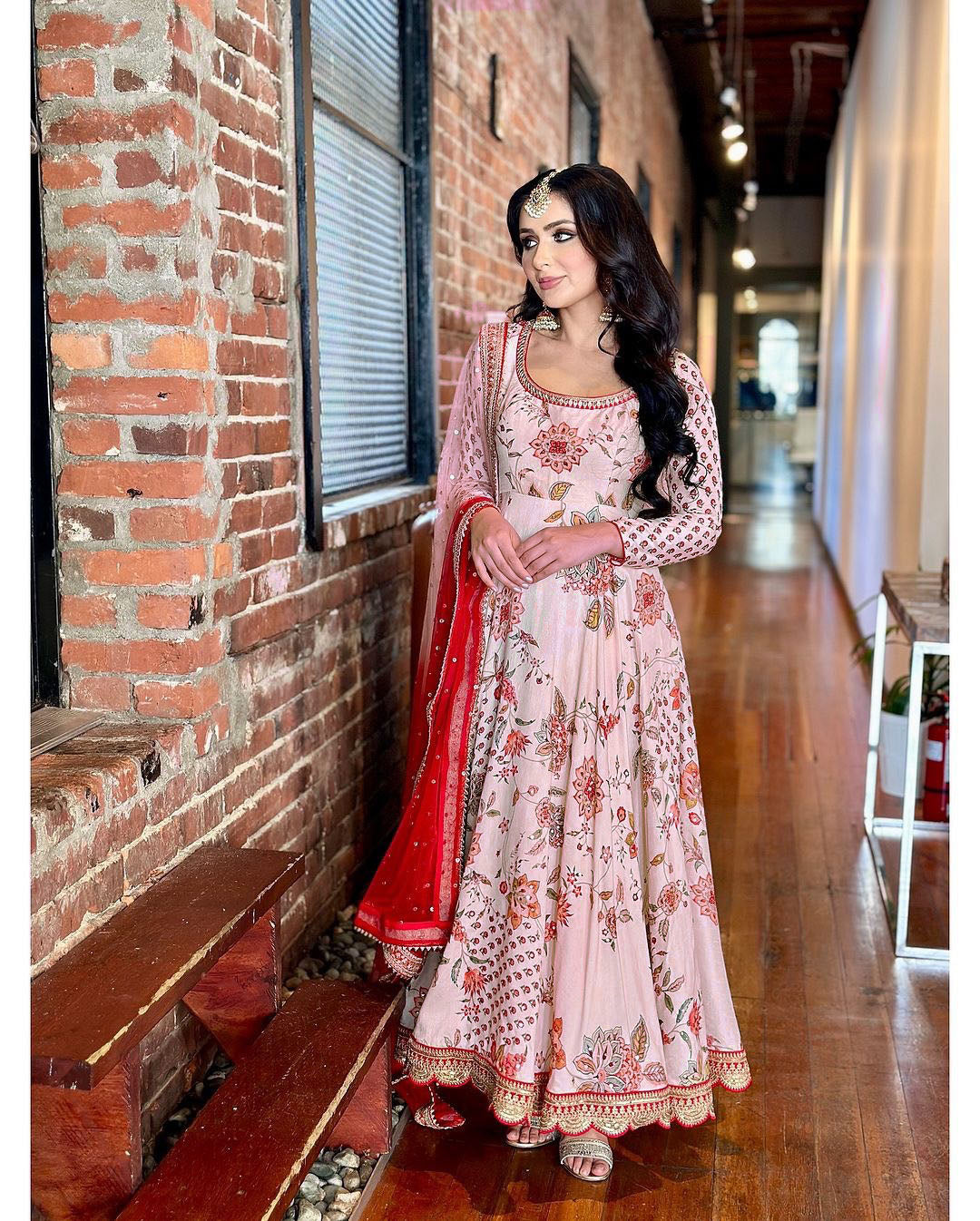 Teeya Creation Pink Colour Faux Georgette Digital Print With Embroidery And Sequence Work Anarkali With Pants And Dupatta