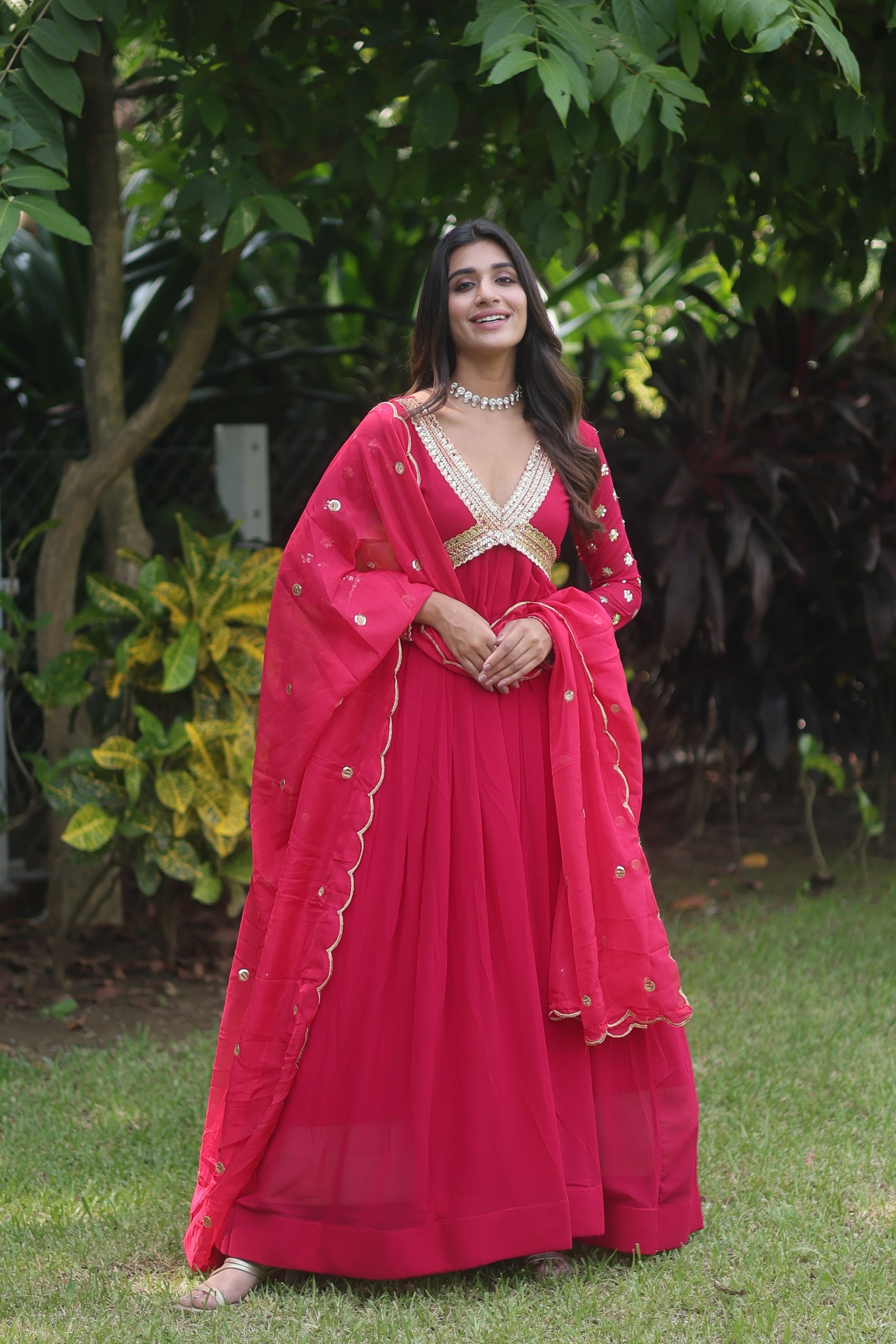Teeya Creation Pink Color Faux Georgette Embroidery Work Fully Stitched Long Gown
