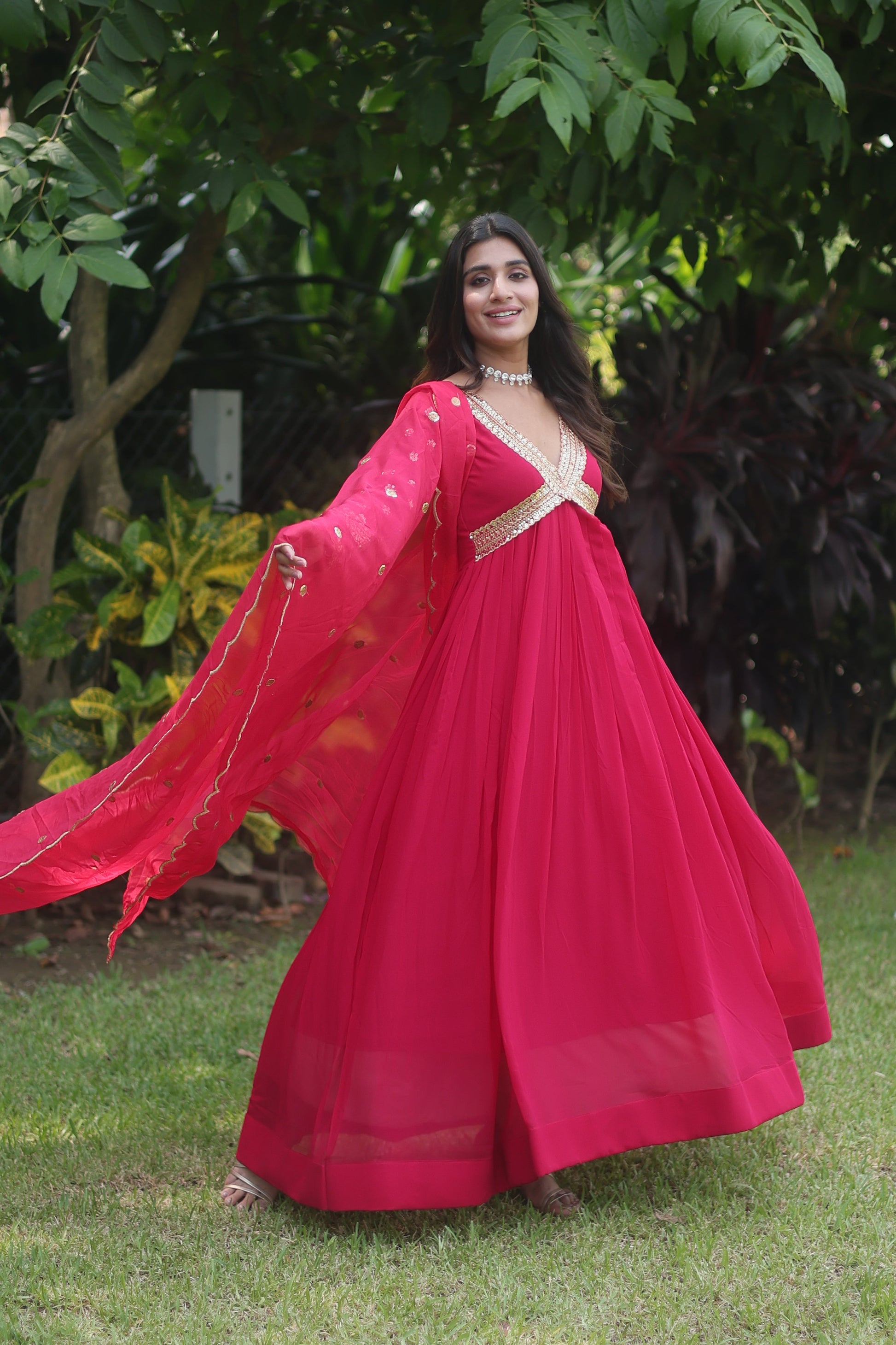 Teeya Creation Pink Color Faux Georgette Embroidery Work Fully Stitched Long Gown