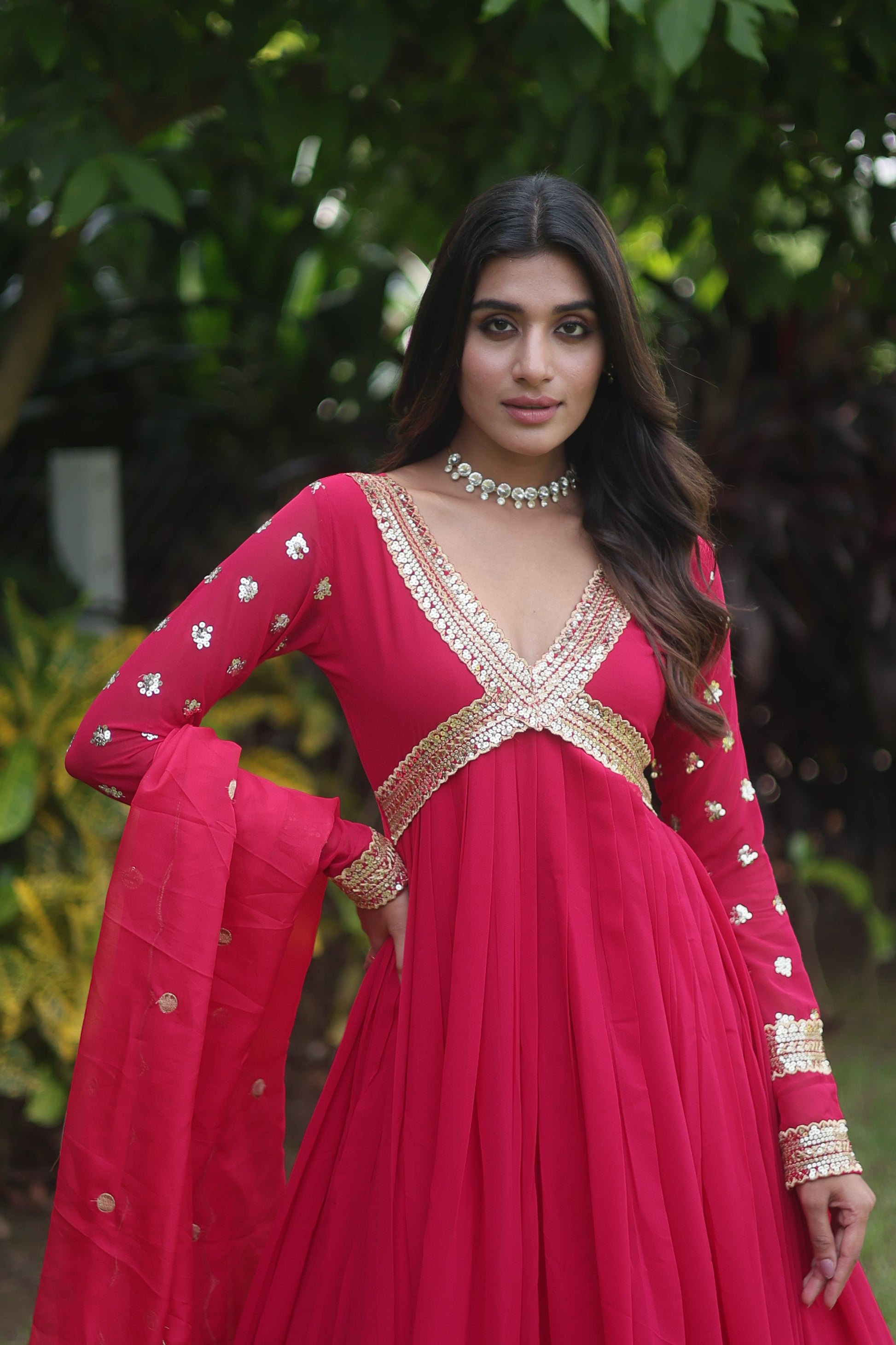 Teeya Creation Pink Color Faux Georgette Embroidery Work Fully Stitched Long Gown