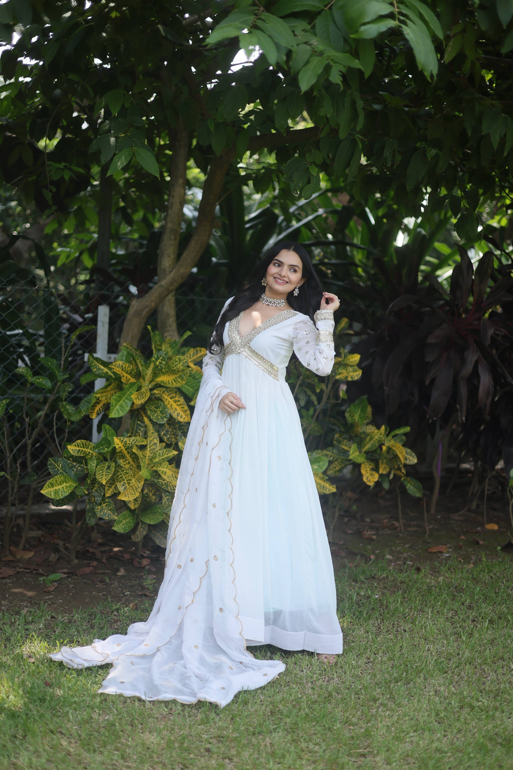 Teeya Creation White Color Faux Georgette Embroidery Work Fully Stitched Long Gown