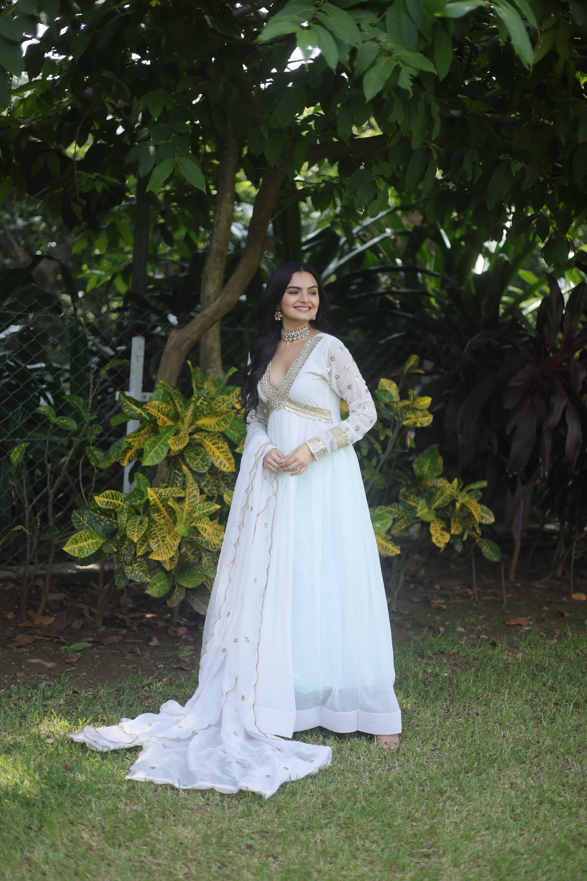 Teeya Creation White Color Faux Georgette Embroidery Work Fully Stitched Long Gown