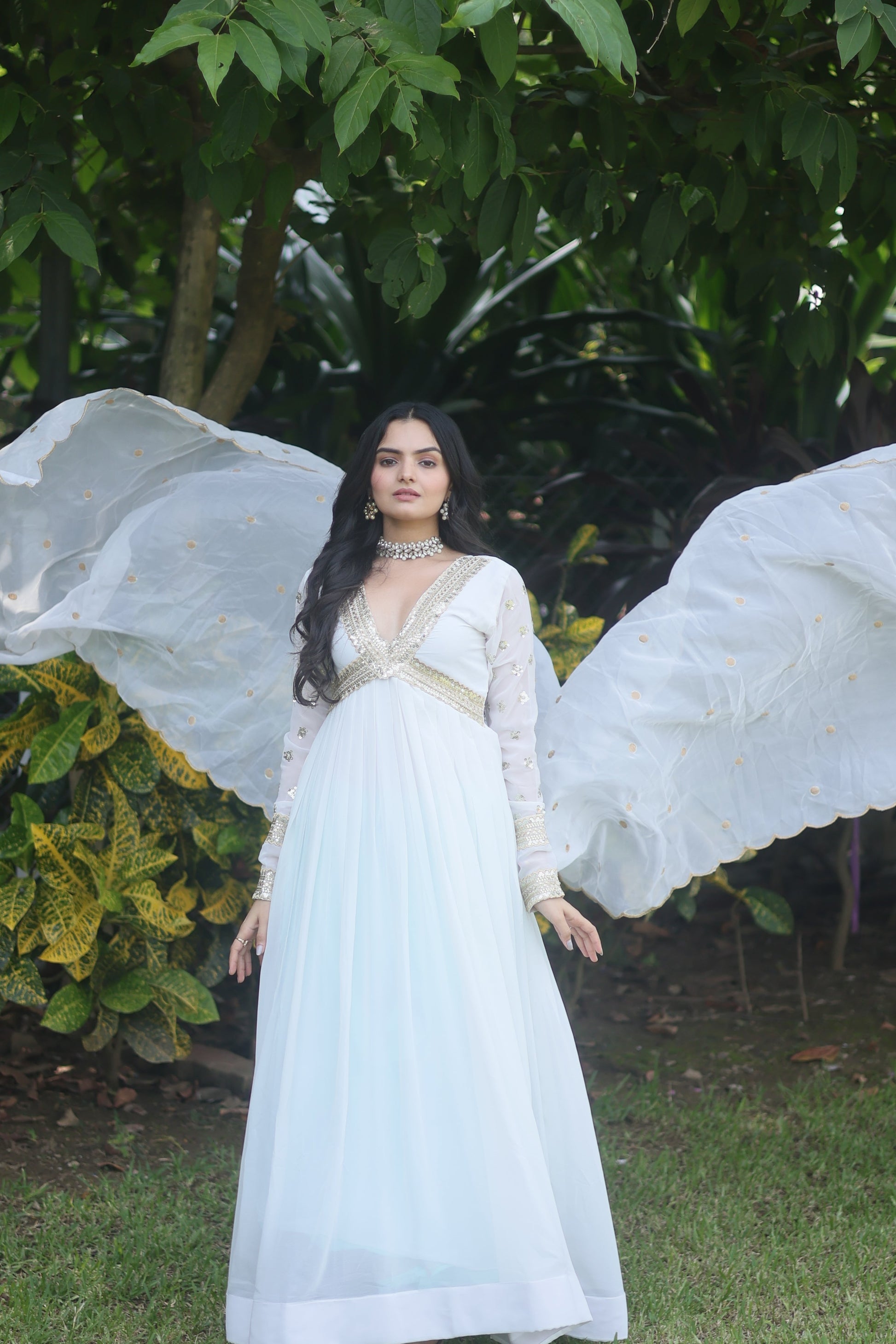 Teeya Creation White Color Faux Georgette Embroidery Work Fully Stitched Long Gown