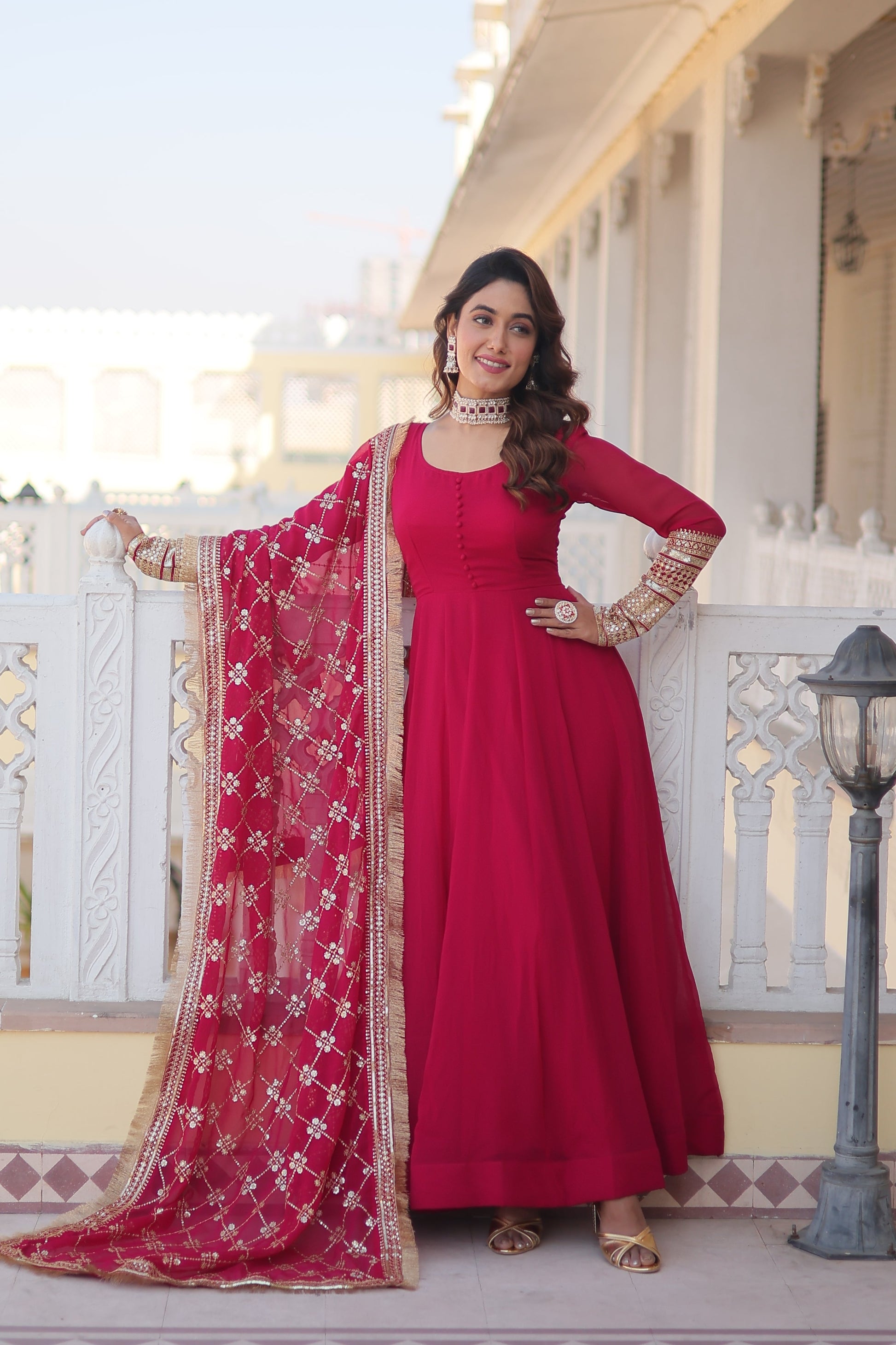Teeya Creation Pink Color Faux Georgette Fully Stitched Gown