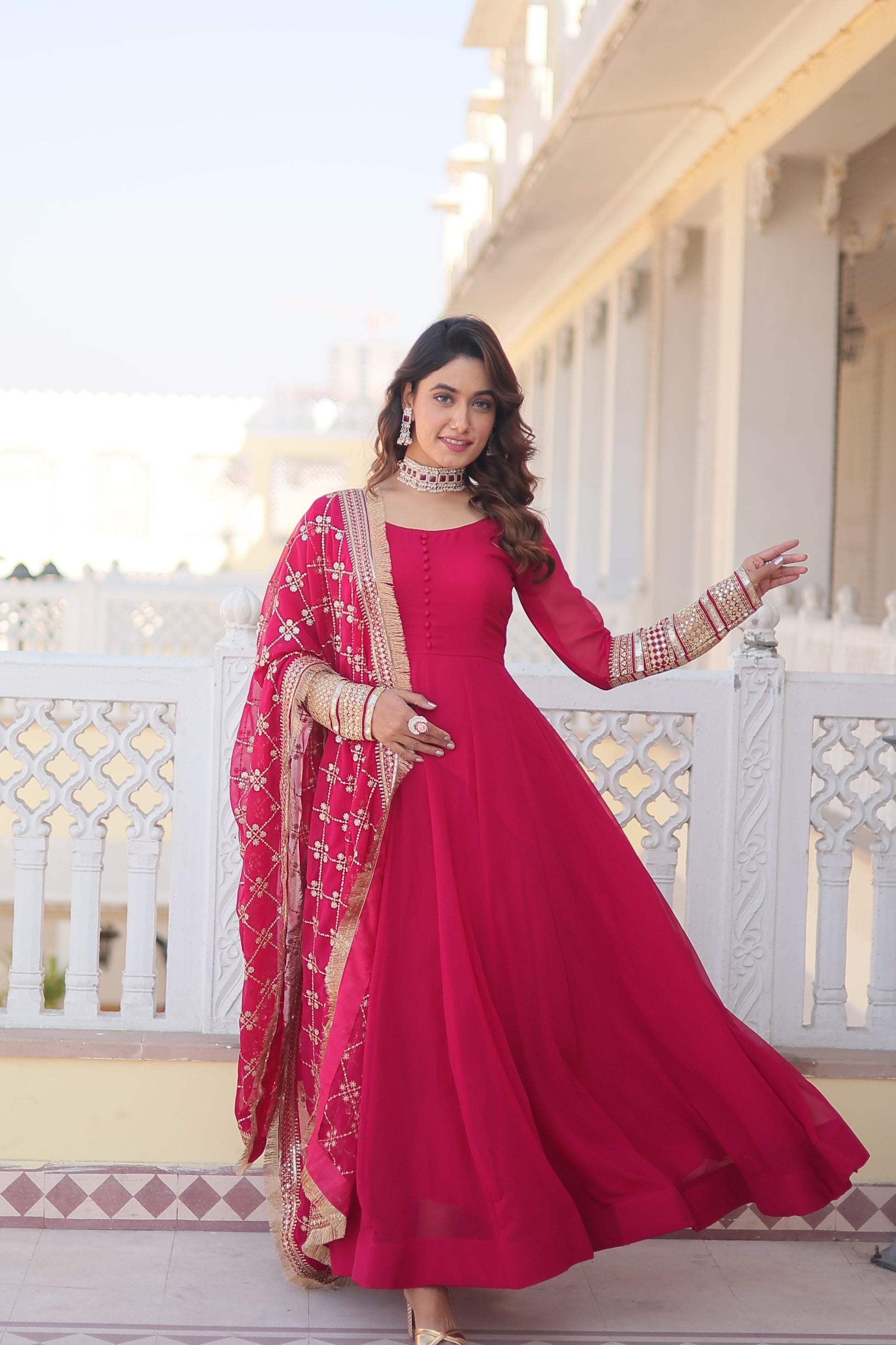 Teeya Creation Pink Color Faux Georgette Fully Stitched Gown