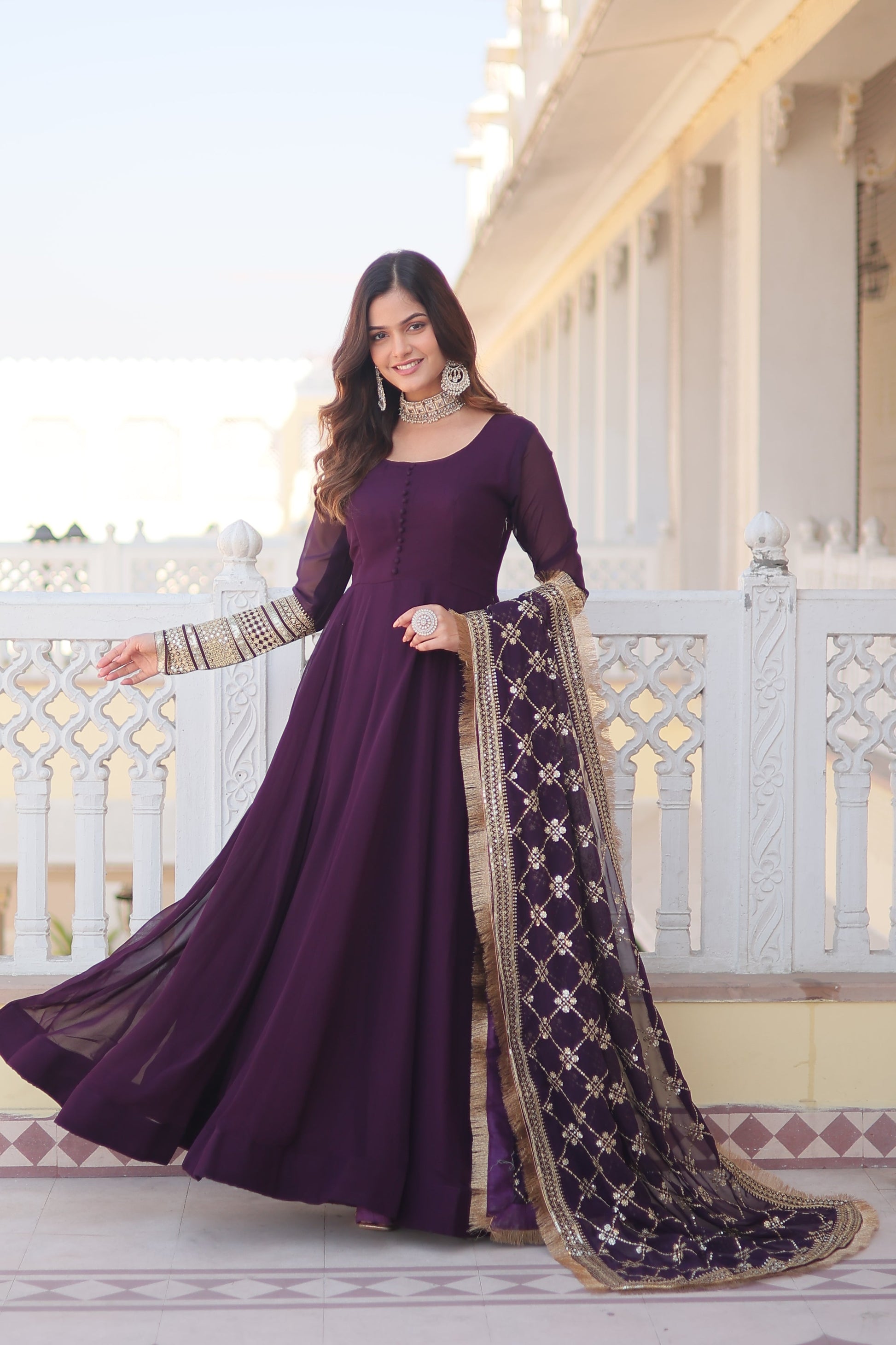 Teeya Creation Wine Color Faux Georgette Fully Stitched Gown
