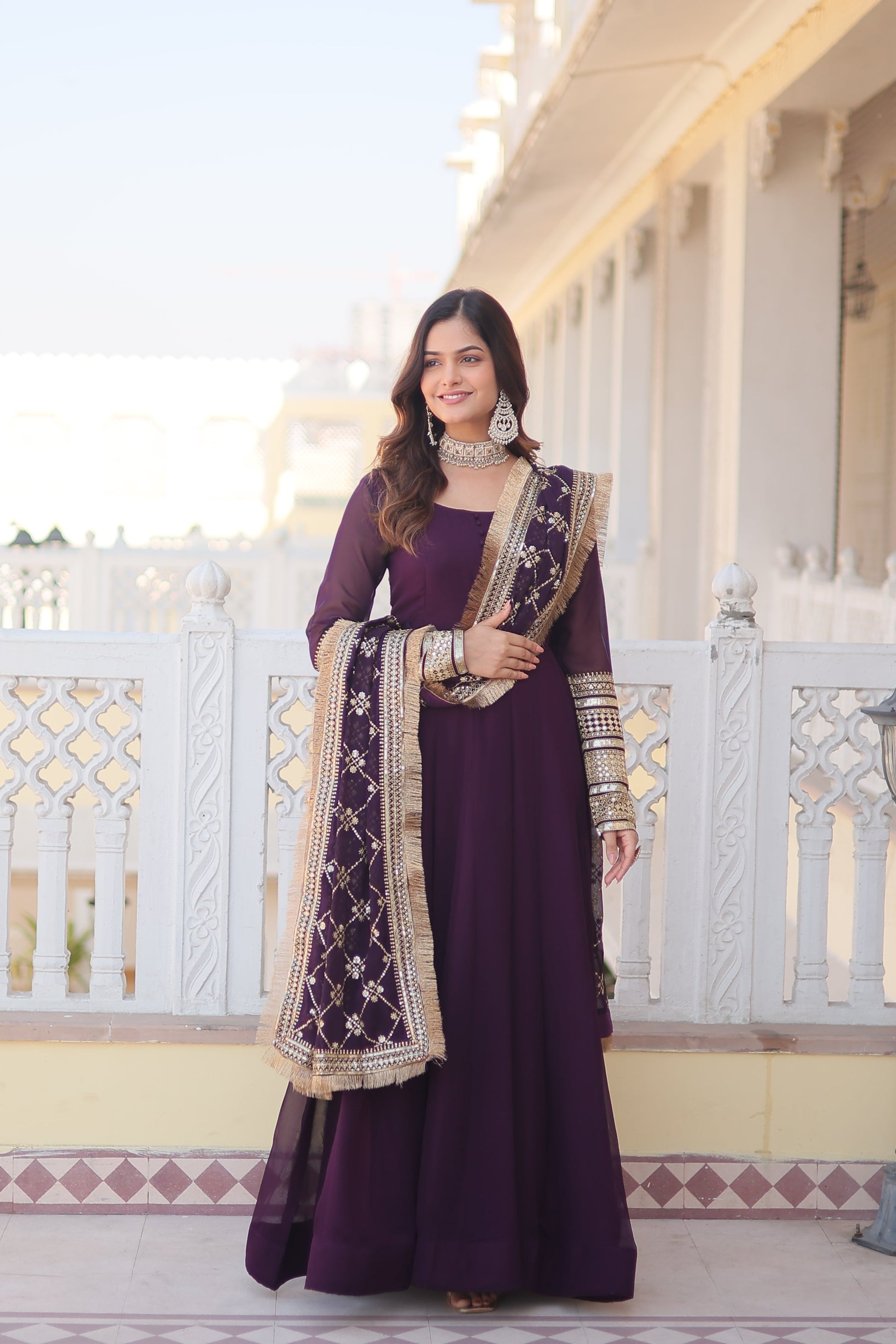 Teeya Creation Wine Color Faux Georgette Fully Stitched Gown