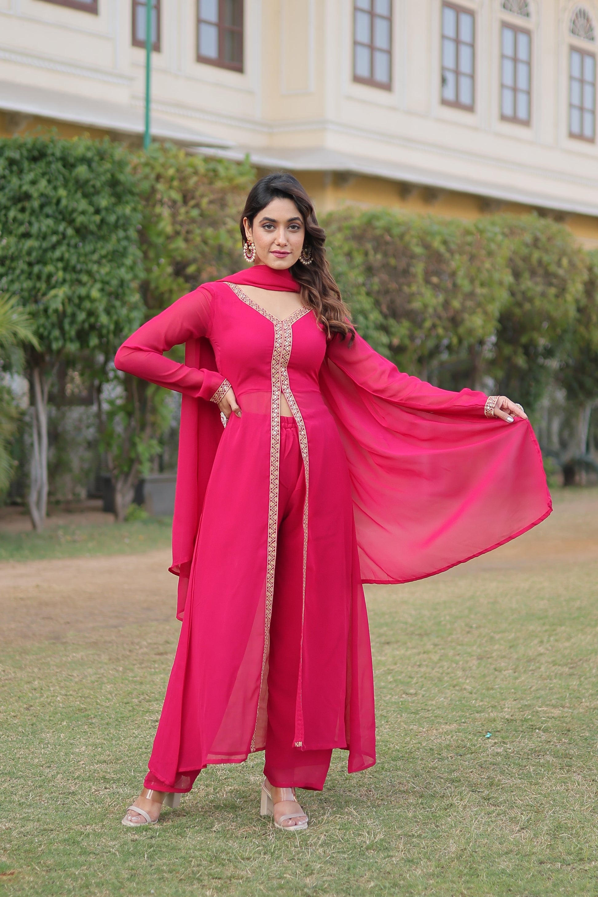 Teeya Creation Pink Color Faux Georgette Embroidery Work Fully Stitched Long Kurti
