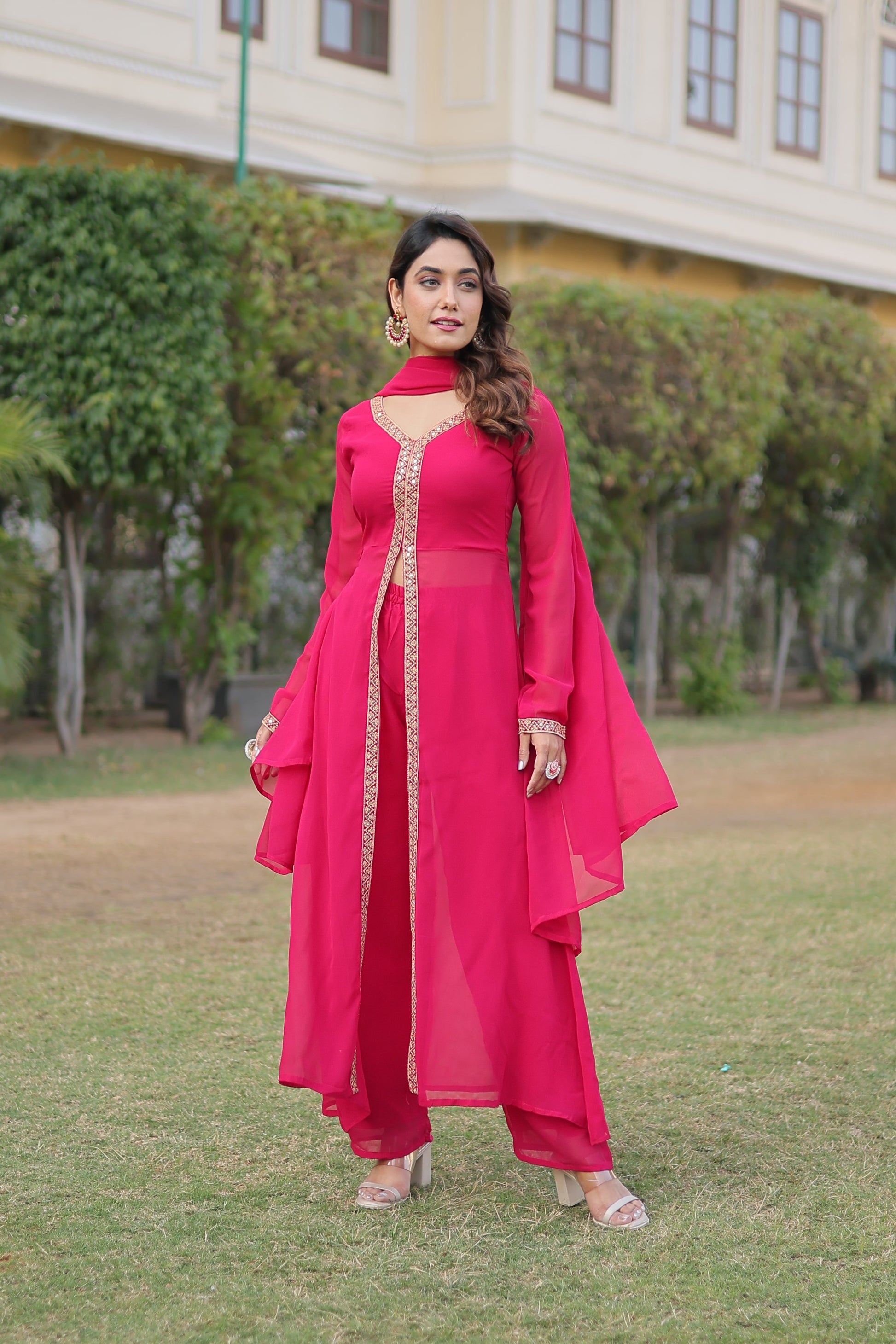 Teeya Creation Pink Color Faux Georgette Embroidery Work Fully Stitched Long Kurti