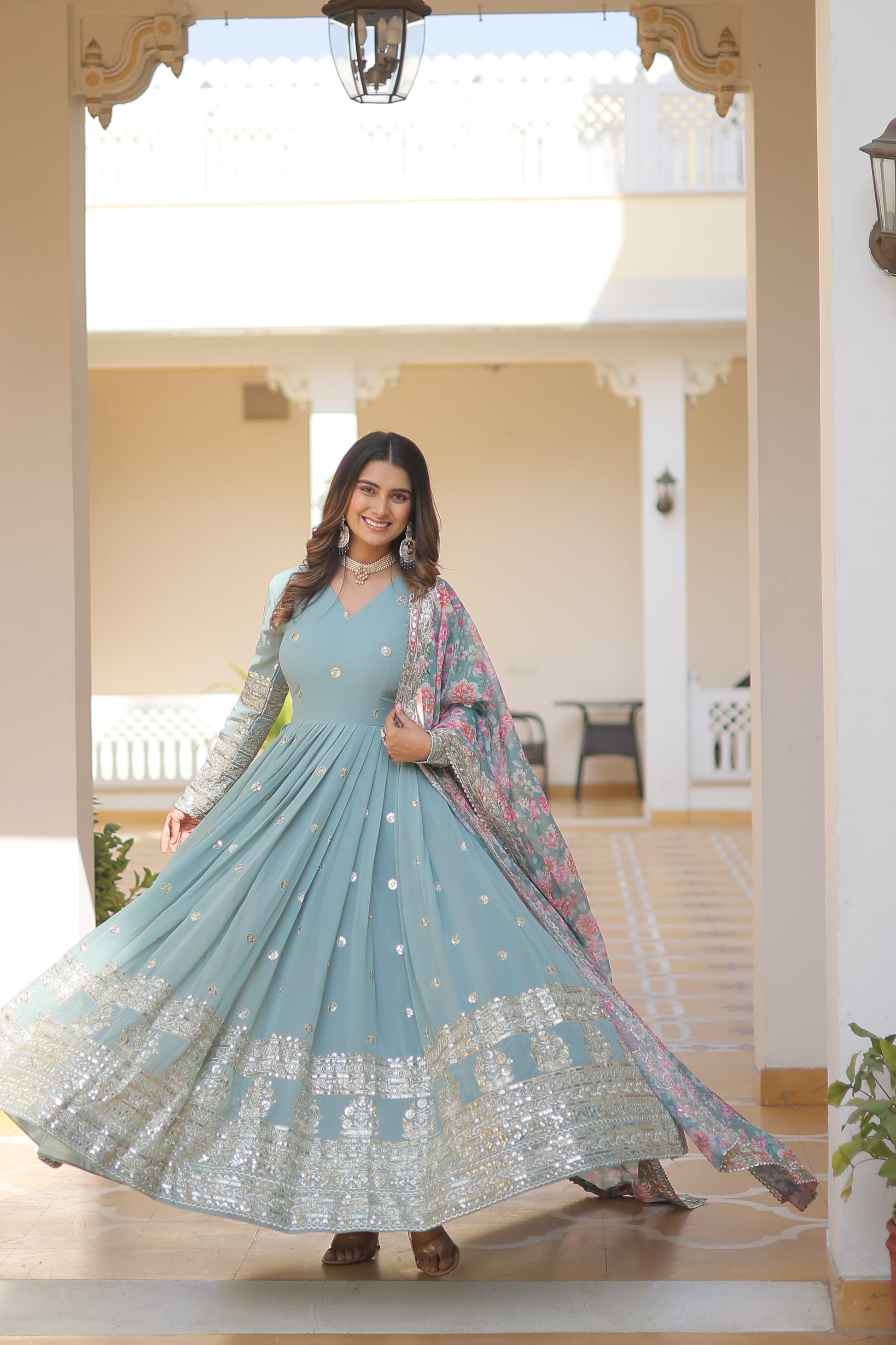 Teeya Creation Sky Color Faux Georgette Embroidery And Sequence Work Fully Stitched Anarkali Gown | Grab2Buy