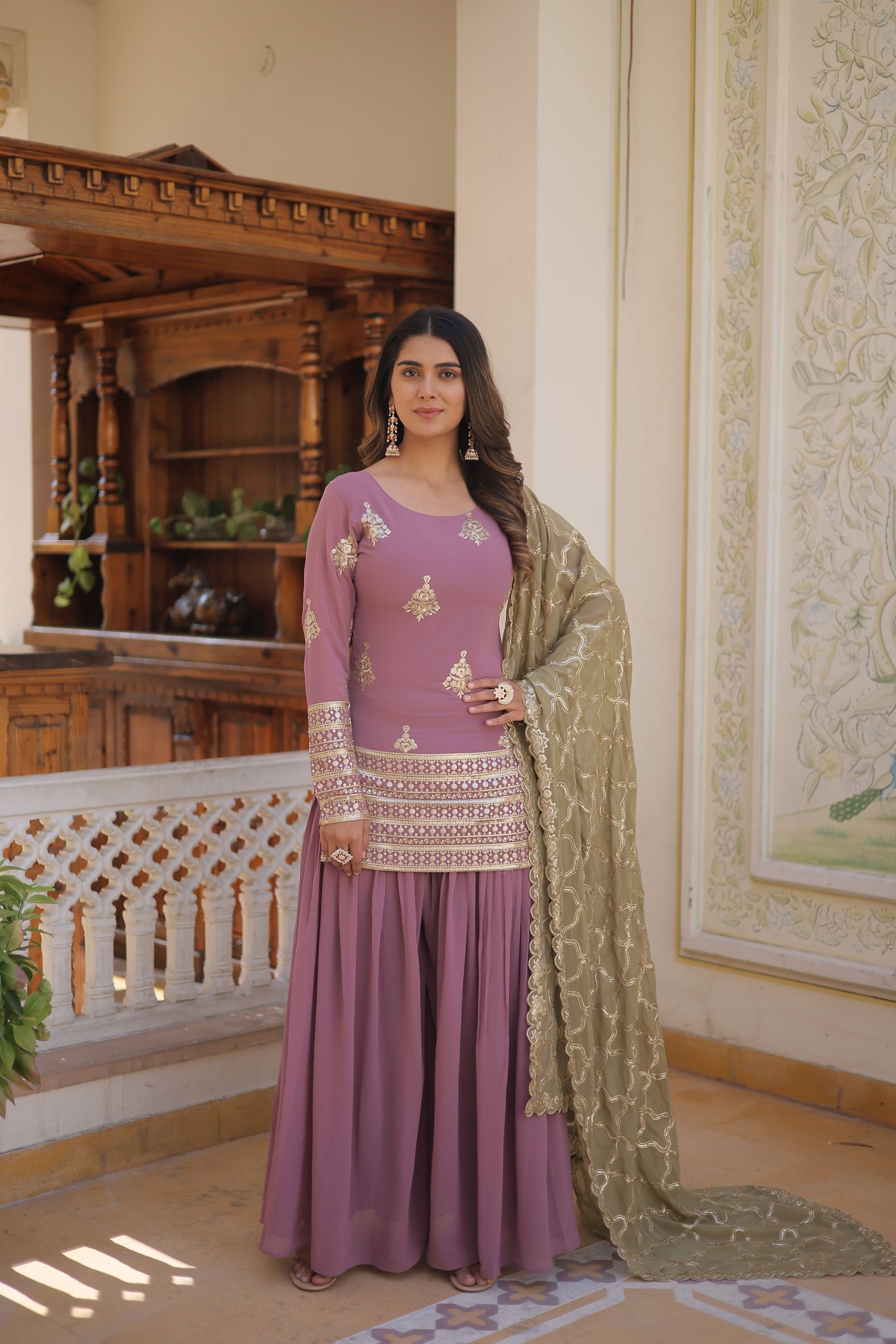 Teeya Creation Onion Color Faux Georgette Heavy Embroidery Work Fully Stitched Plazo pair