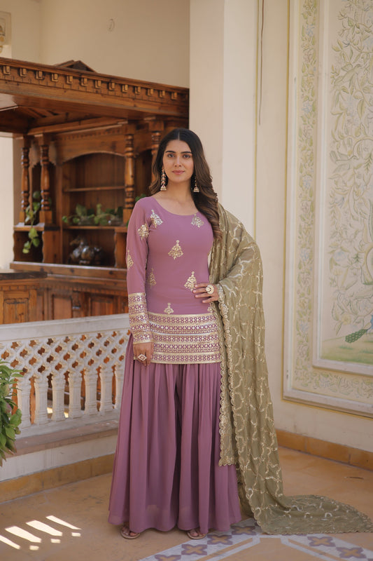 Teeya Creation Onion Color Faux Georgette Heavy Embroidery Work Fully Stitched Plazo pair
