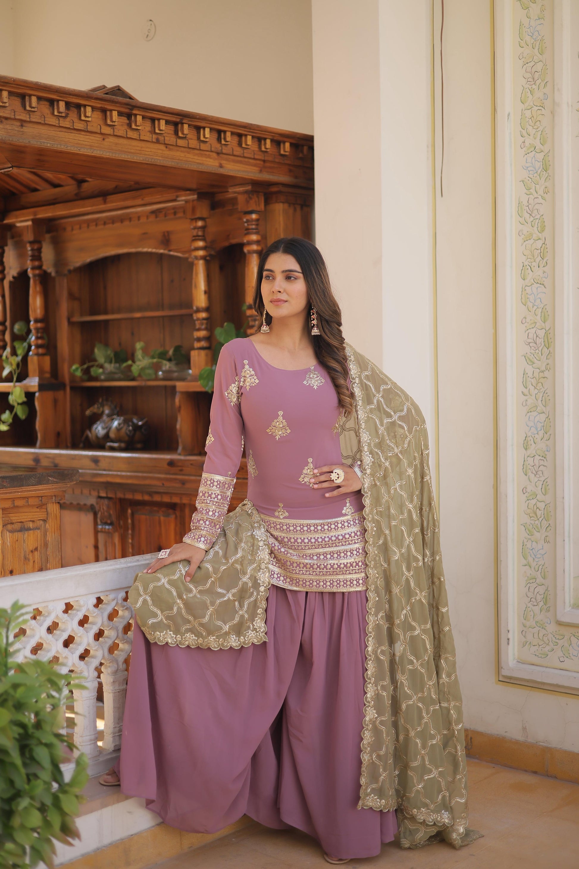 Teeya Creation Onion Color Faux Georgette Heavy Embroidery Work Fully Stitched Plazo pair