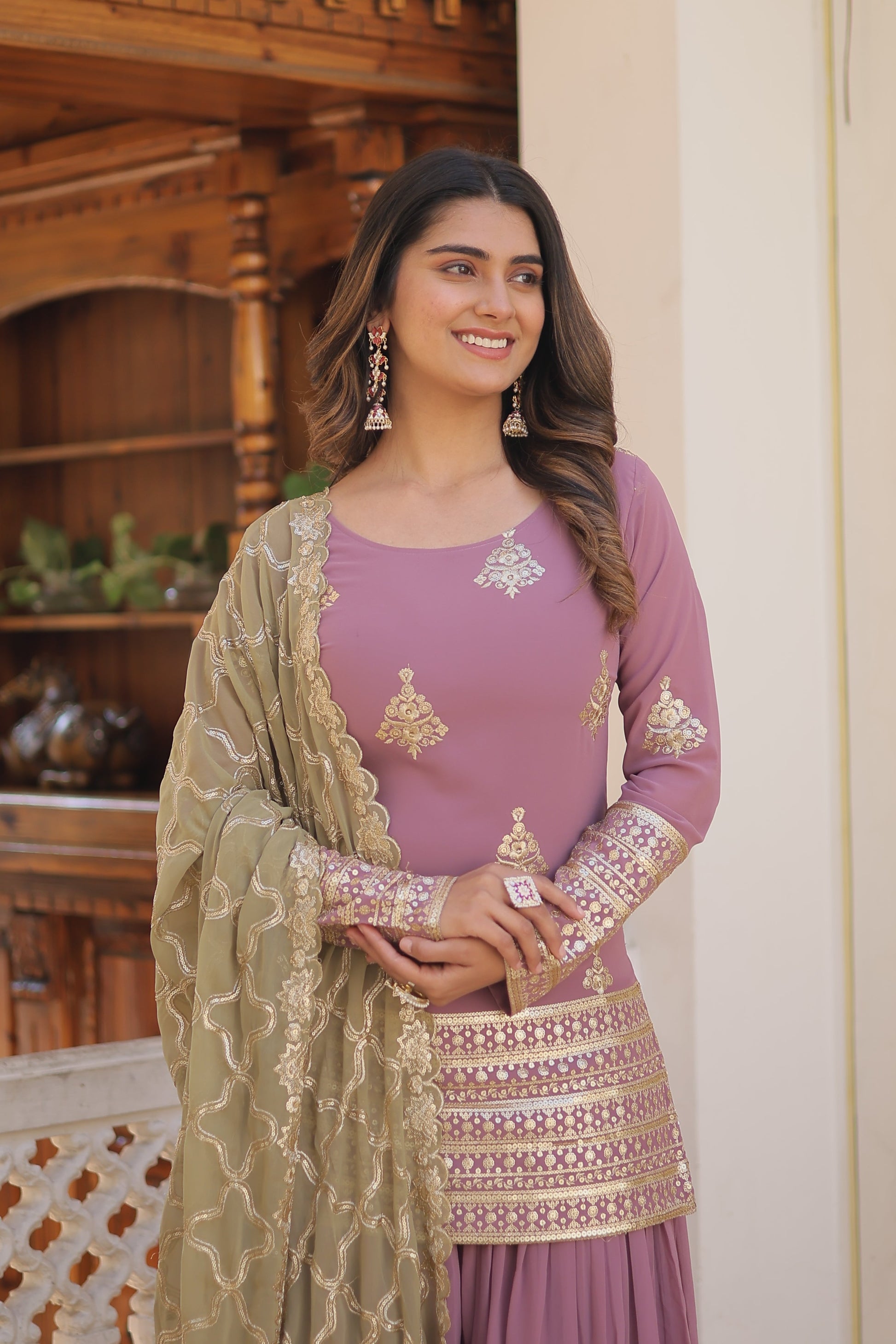 Teeya Creation Onion Color Faux Georgette Heavy Embroidery Work Fully Stitched Plazo pair