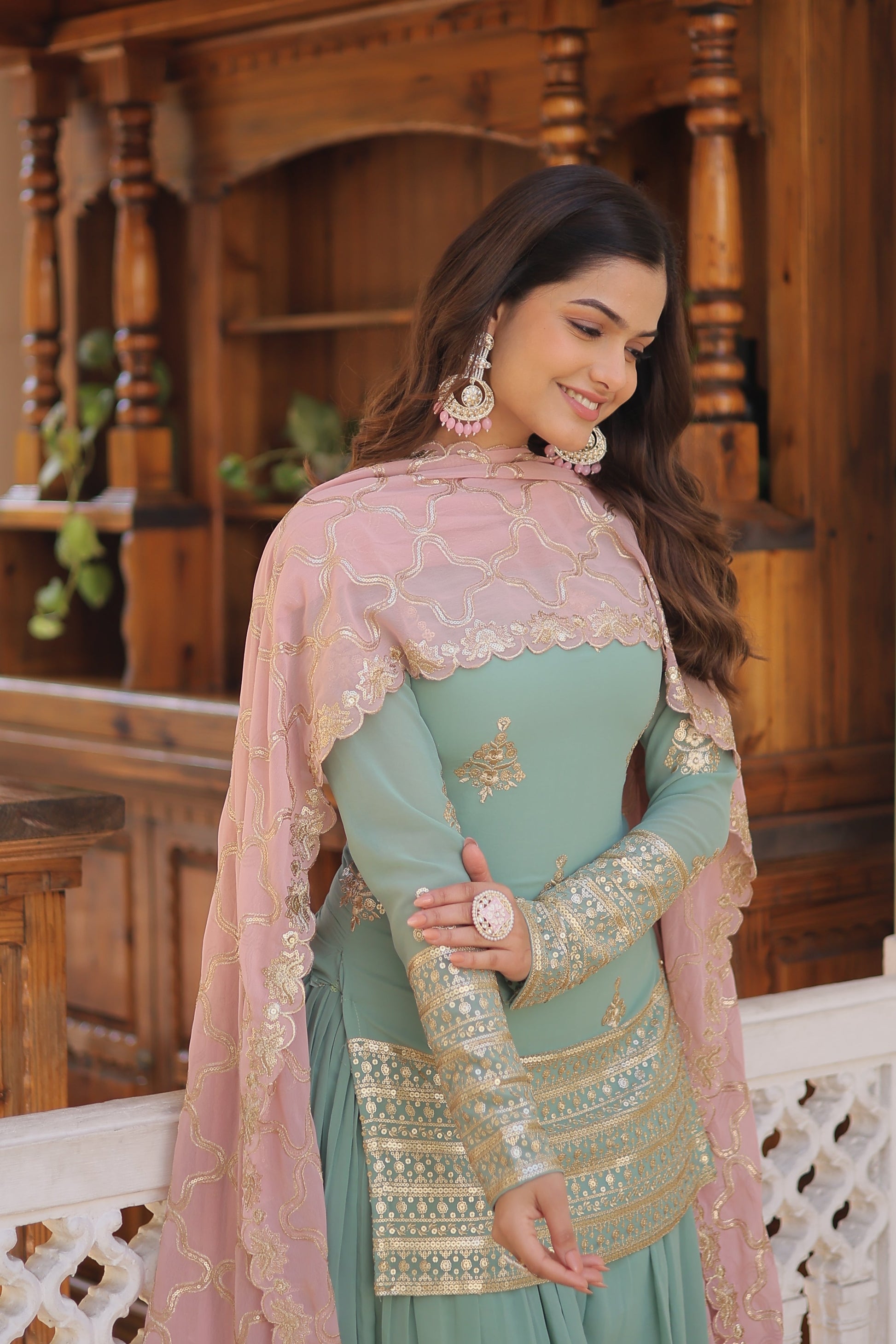 Teeya Creation Turquoise Color Faux Georgette Heavy Embroidery Work Fully Stitched Plazo pair