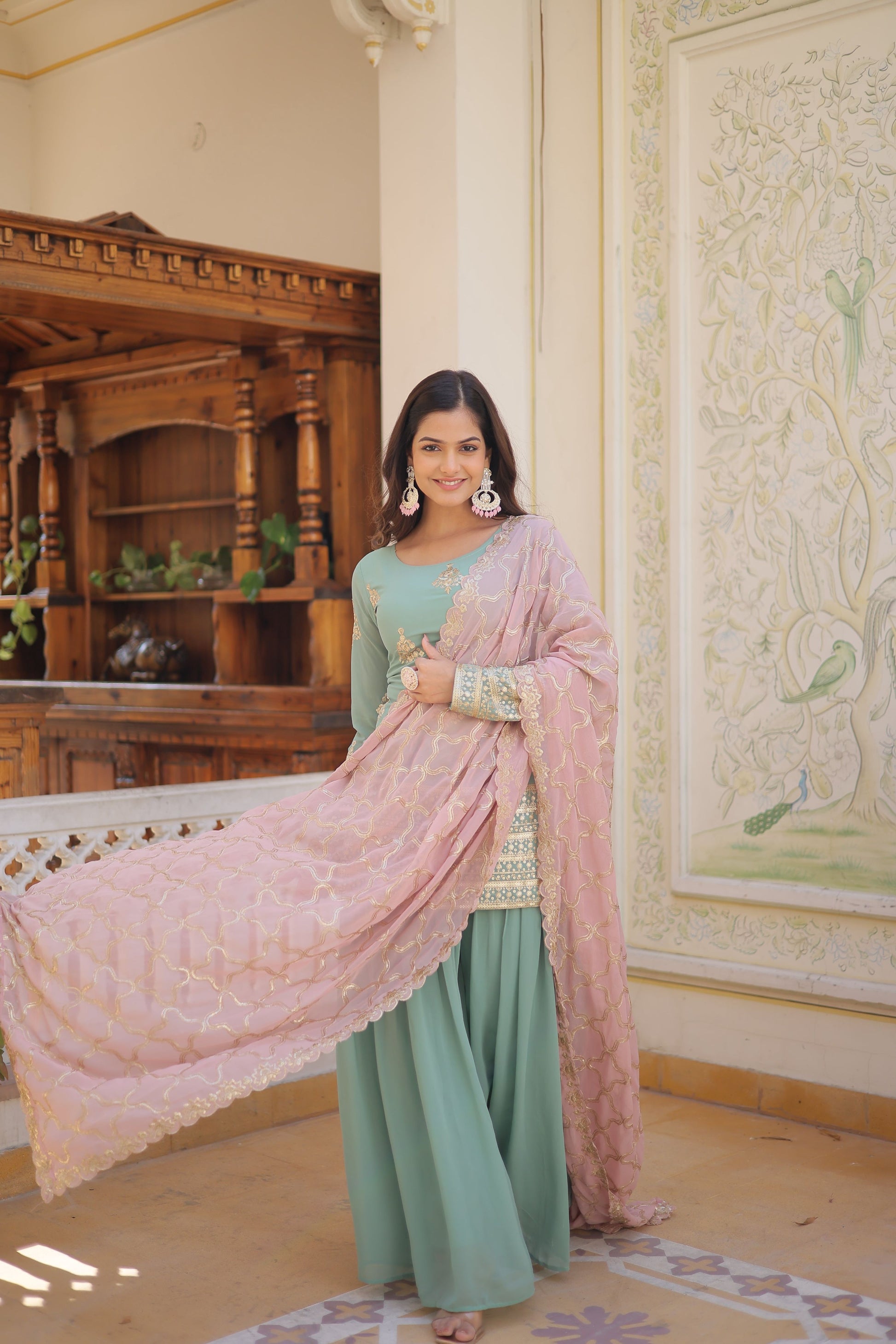 Teeya Creation Turquoise Color Faux Georgette Heavy Embroidery Work Fully Stitched Plazo pair