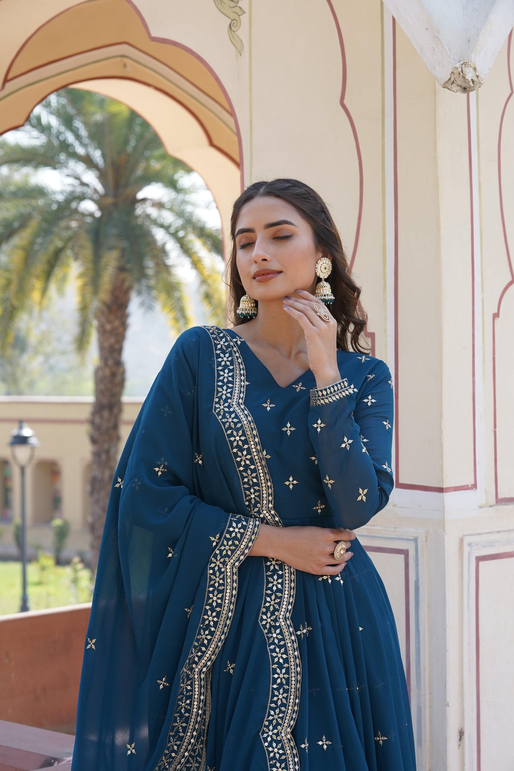 Teeya Creation Teal Color Faux Georgette Party Wear Heavy Embroidery Work Fully Stitched Gown