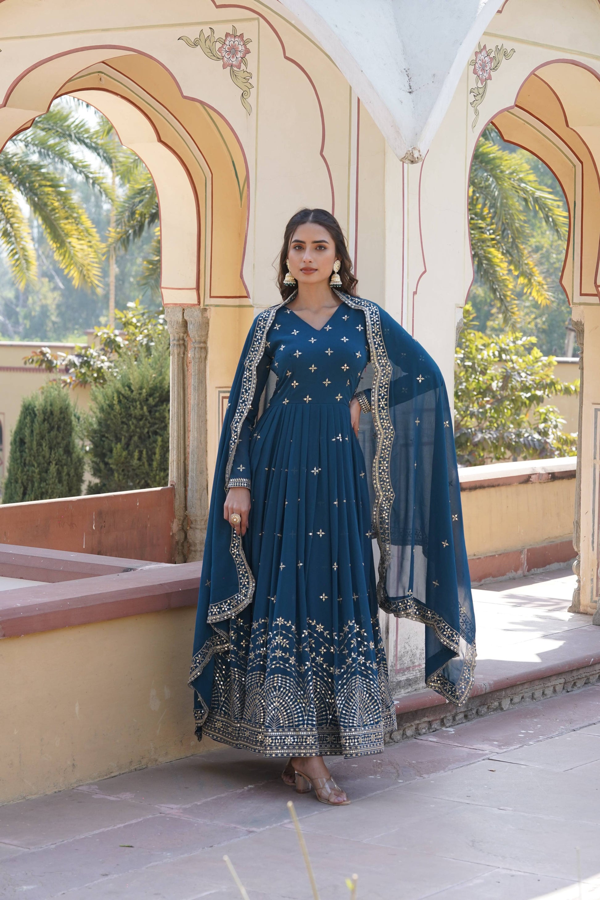 Teeya Creation Teal Color Faux Georgette Party Wear Heavy Embroidery Work Fully Stitched Gown