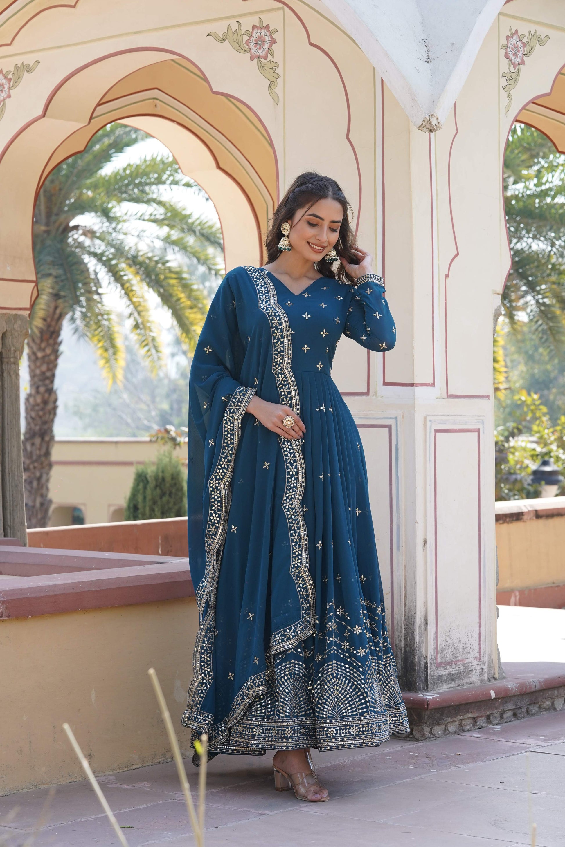 Teeya Creation Teal Color Faux Georgette Party Wear Heavy Embroidery Work Fully Stitched Gown