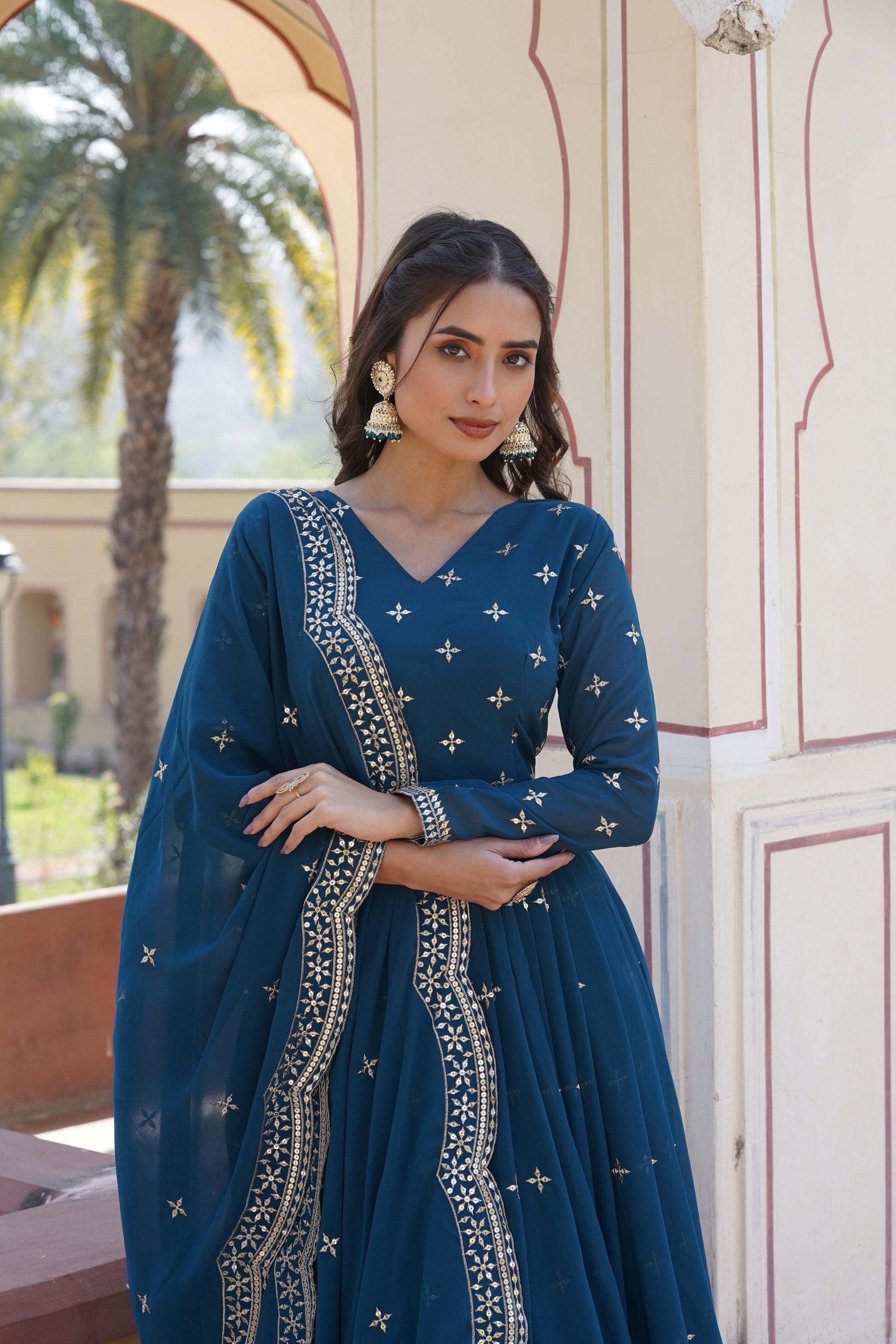 Teeya Creation Teal Color Faux Georgette Party Wear Heavy Embroidery Work Fully Stitched Gown