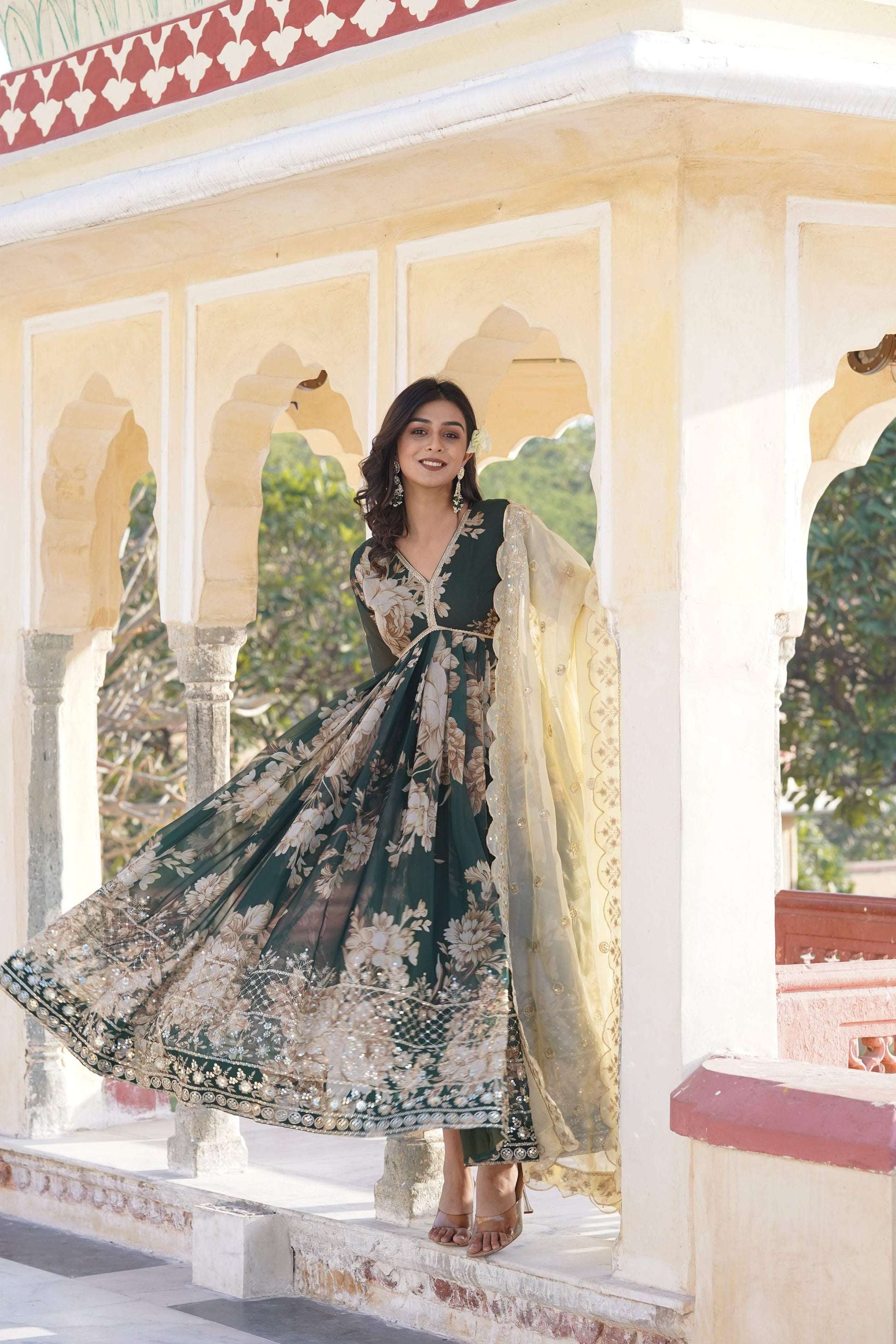 Teeya Creation Green Color Russian Silk Digital Print With Embroidery Work Fully Stitched Gown