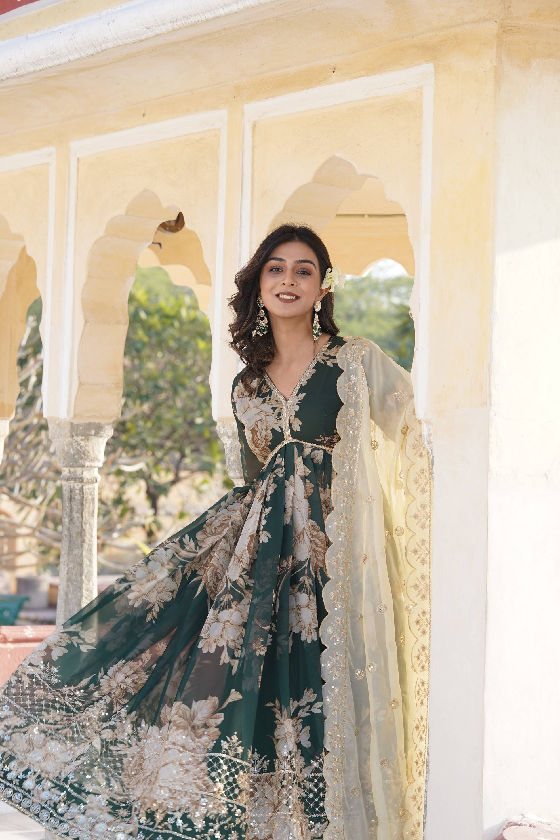 Teeya Creation Green Color Russian Silk Digital Print With Embroidery Work Fully Stitched Gown
