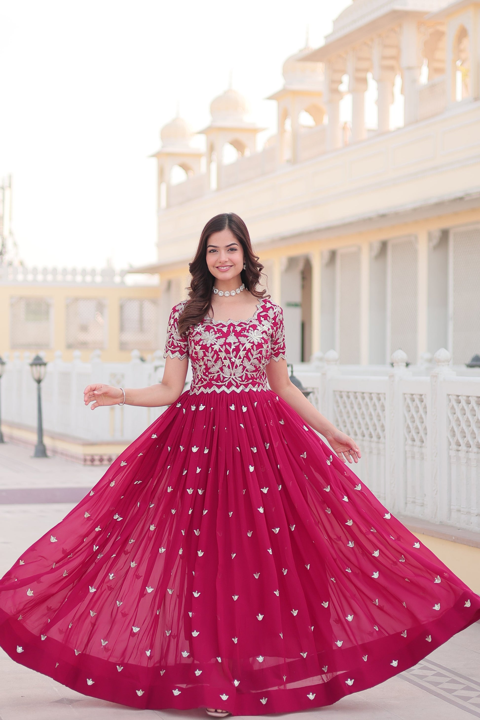 Teeya Creation Pink Color Faux Georgette Embroidery Sequence Work Fully Stitched Gown