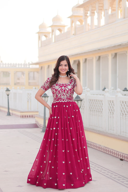 Teeya Creation Pink Color Faux Georgette Embroidery Sequence Work Fully Stitched Gown