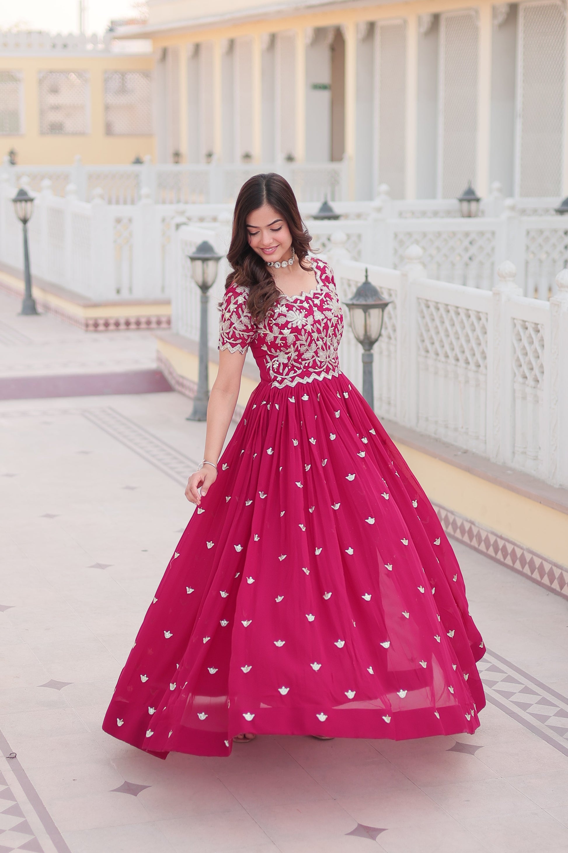 Teeya Creation Pink Color Faux Georgette Embroidery Sequence Work Fully Stitched Gown