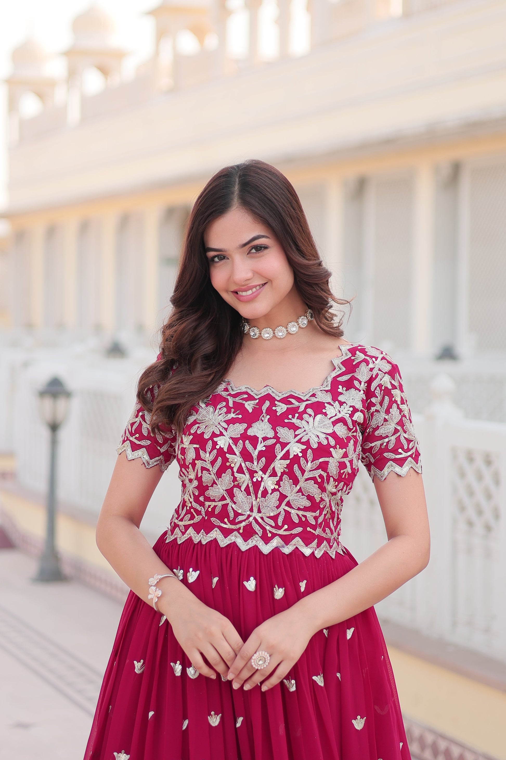 Teeya Creation Pink Color Faux Georgette Embroidery Sequence Work Fully Stitched Gown