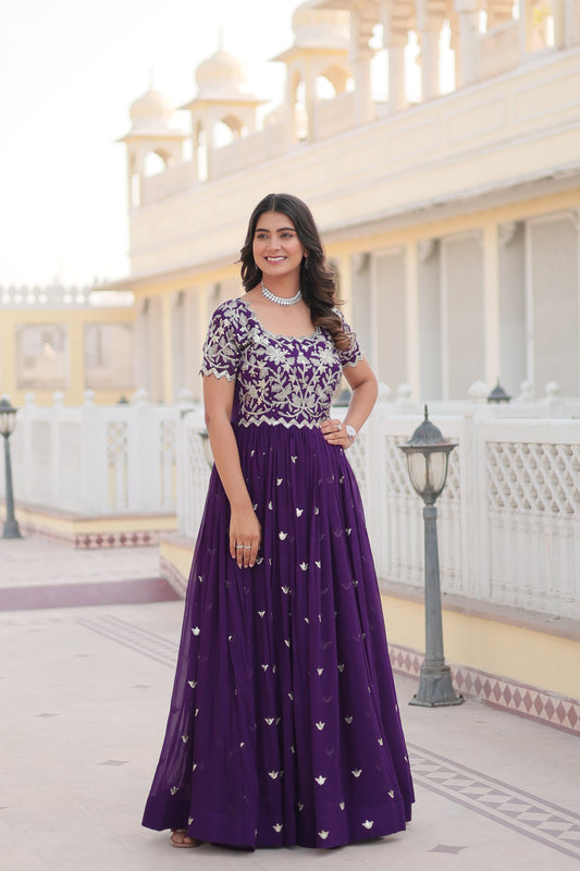 Teeya Creation Purple Color Faux Georgette Embroidery Sequence Work Fully Stitched Gown