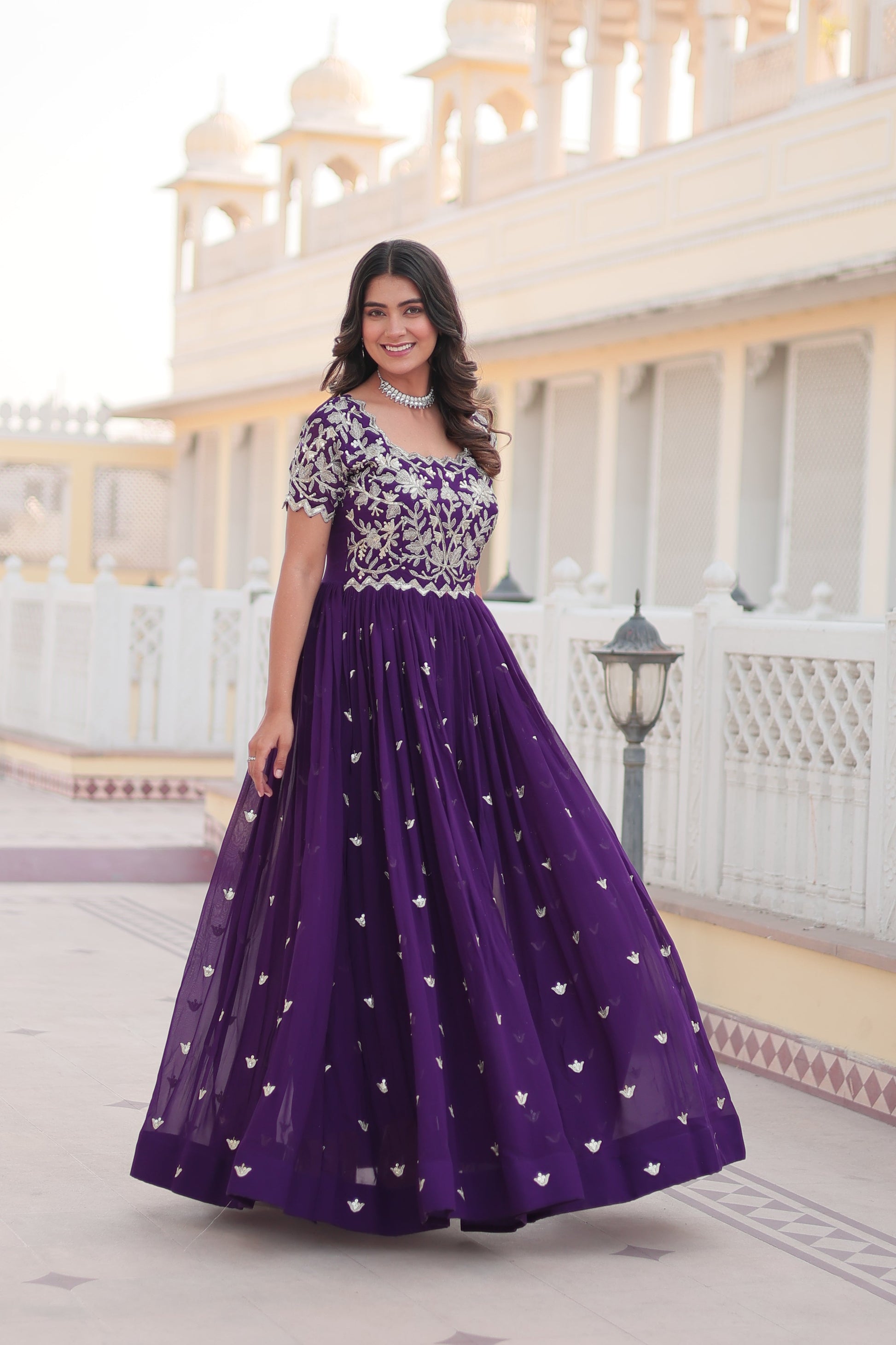Teeya Creation Purple Color Faux Georgette Embroidery Sequence Work Fully Stitched Gown