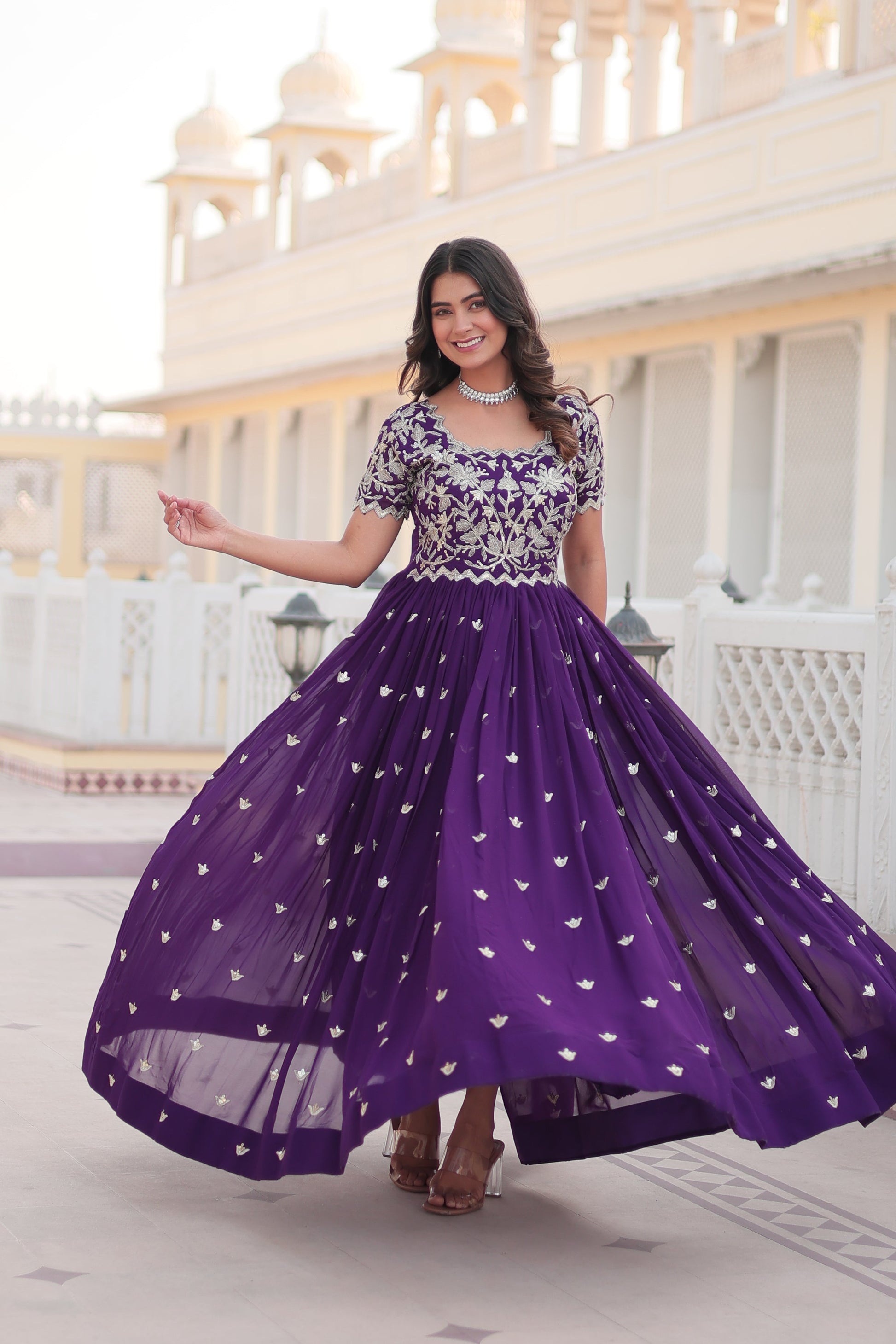 Teeya Creation Purple Color Faux Georgette Embroidery Sequence Work Fully Stitched Gown