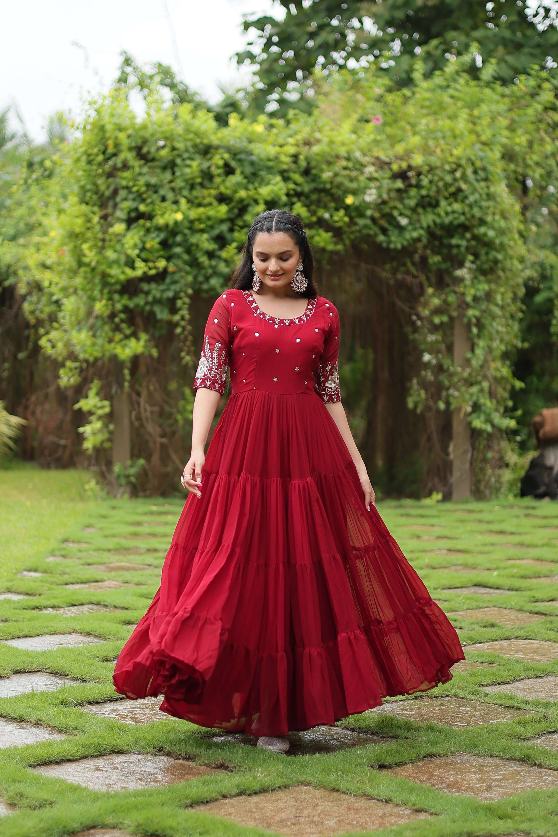 Teeya Creation Maroon Color Faux Georgette Embroidery Sequence Work Fully Stitched Gown