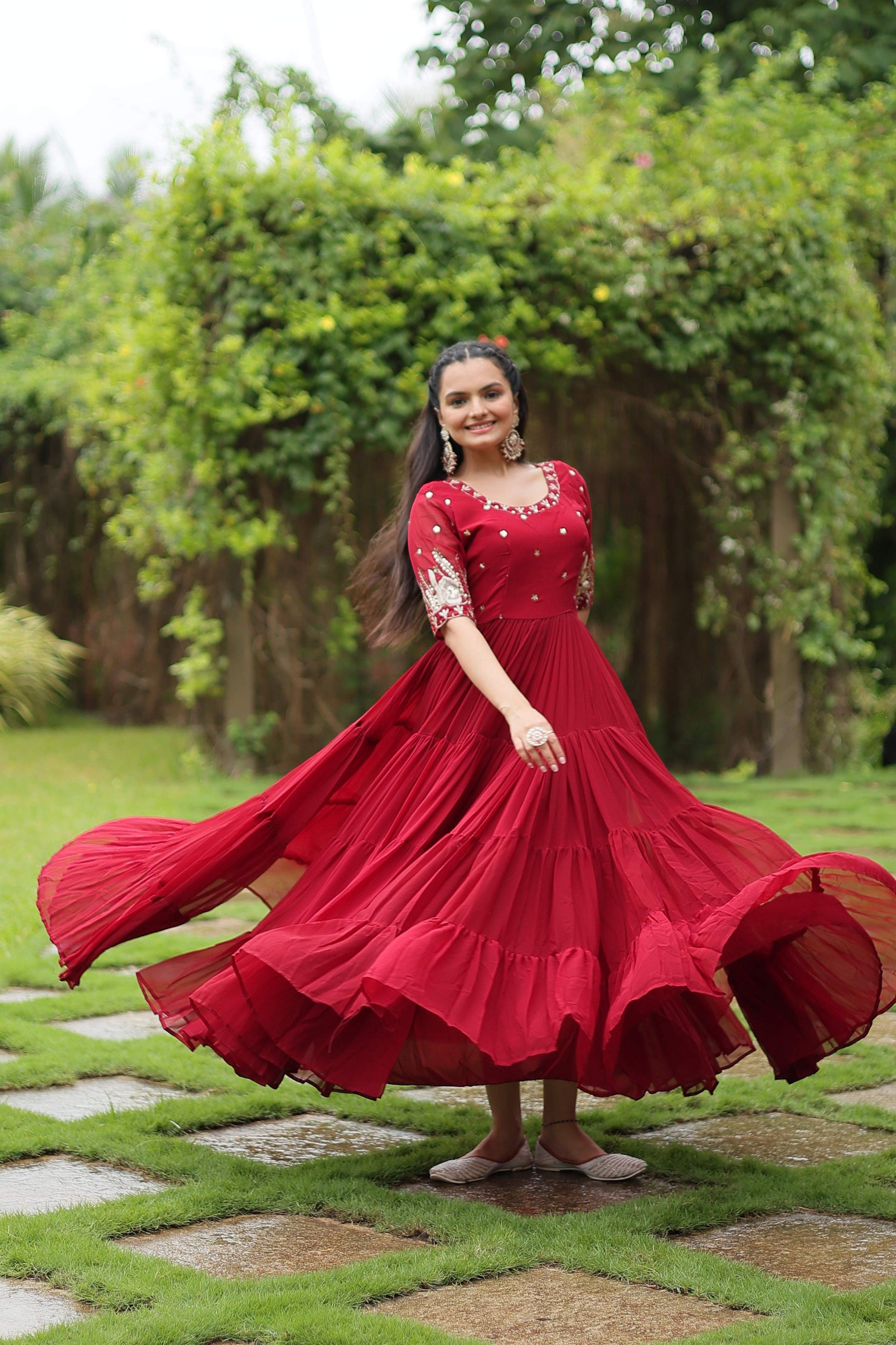 Teeya Creation Maroon Color Faux Georgette Embroidery Sequence Work Fully Stitched Gown
