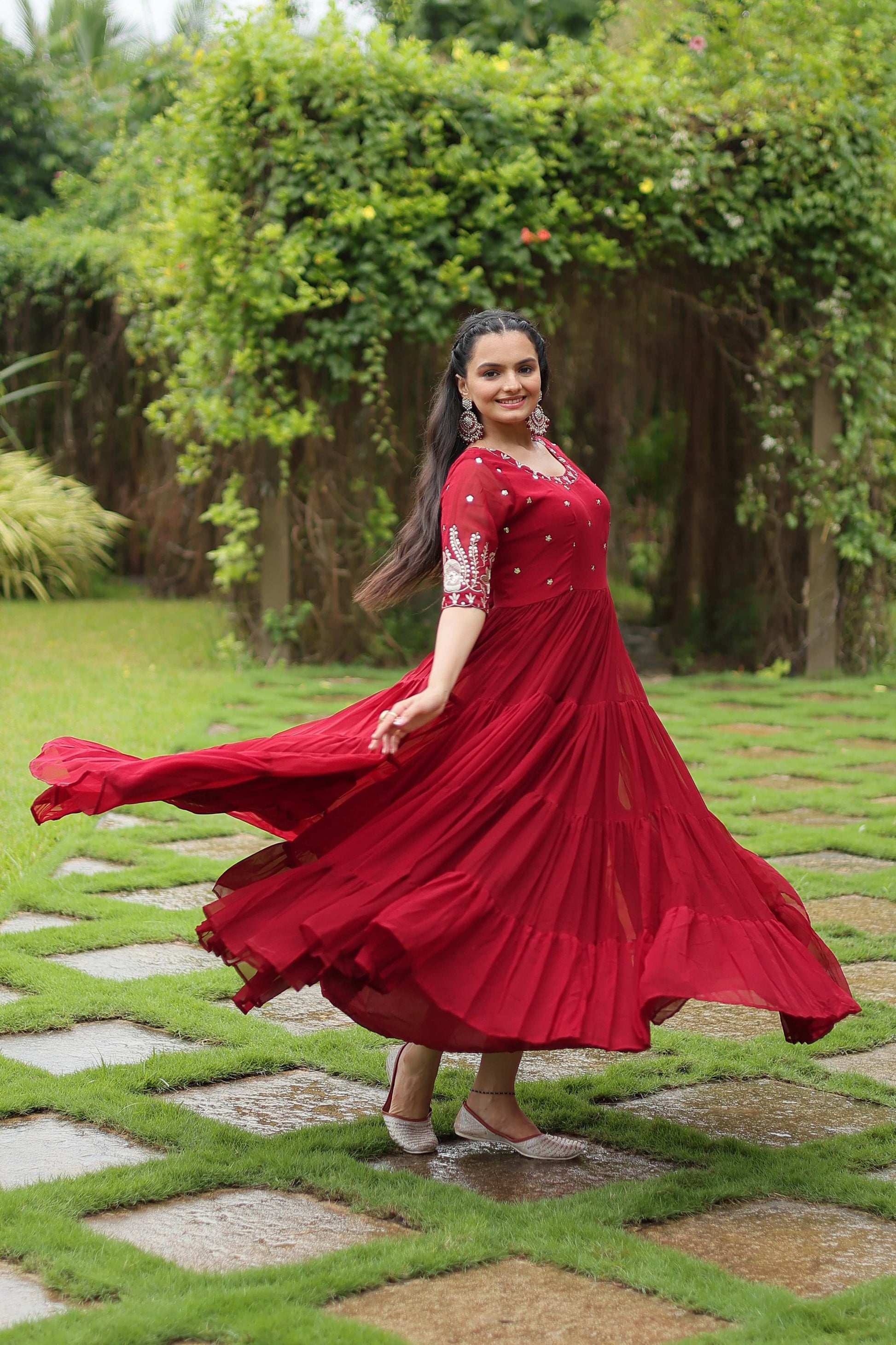 Teeya Creation Maroon Color Faux Georgette Embroidery Sequence Work Fully Stitched Gown