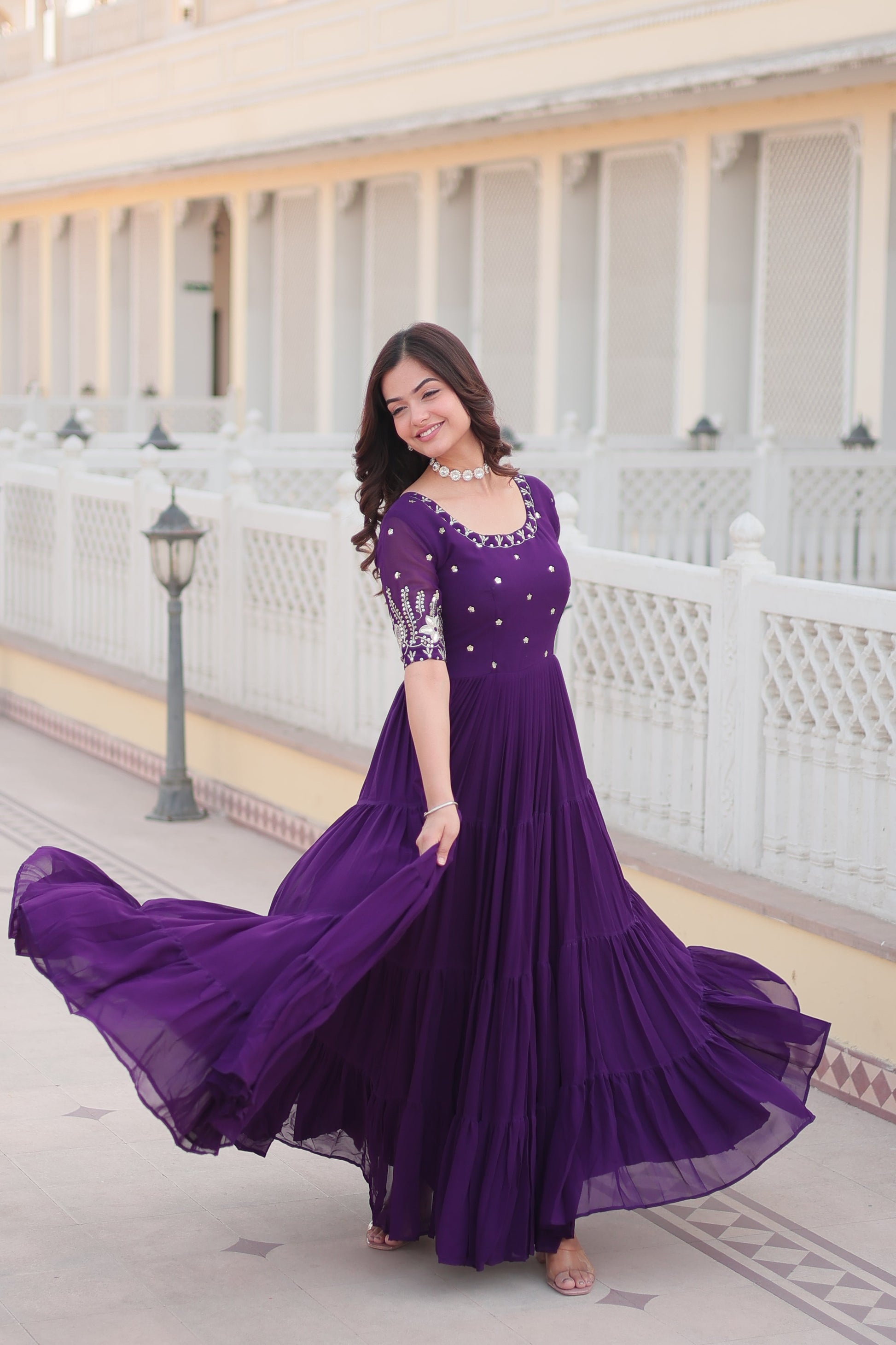 Teeya Creation Purple Color Faux Georgette Embroidery Sequence Work Fully Stitched Gown