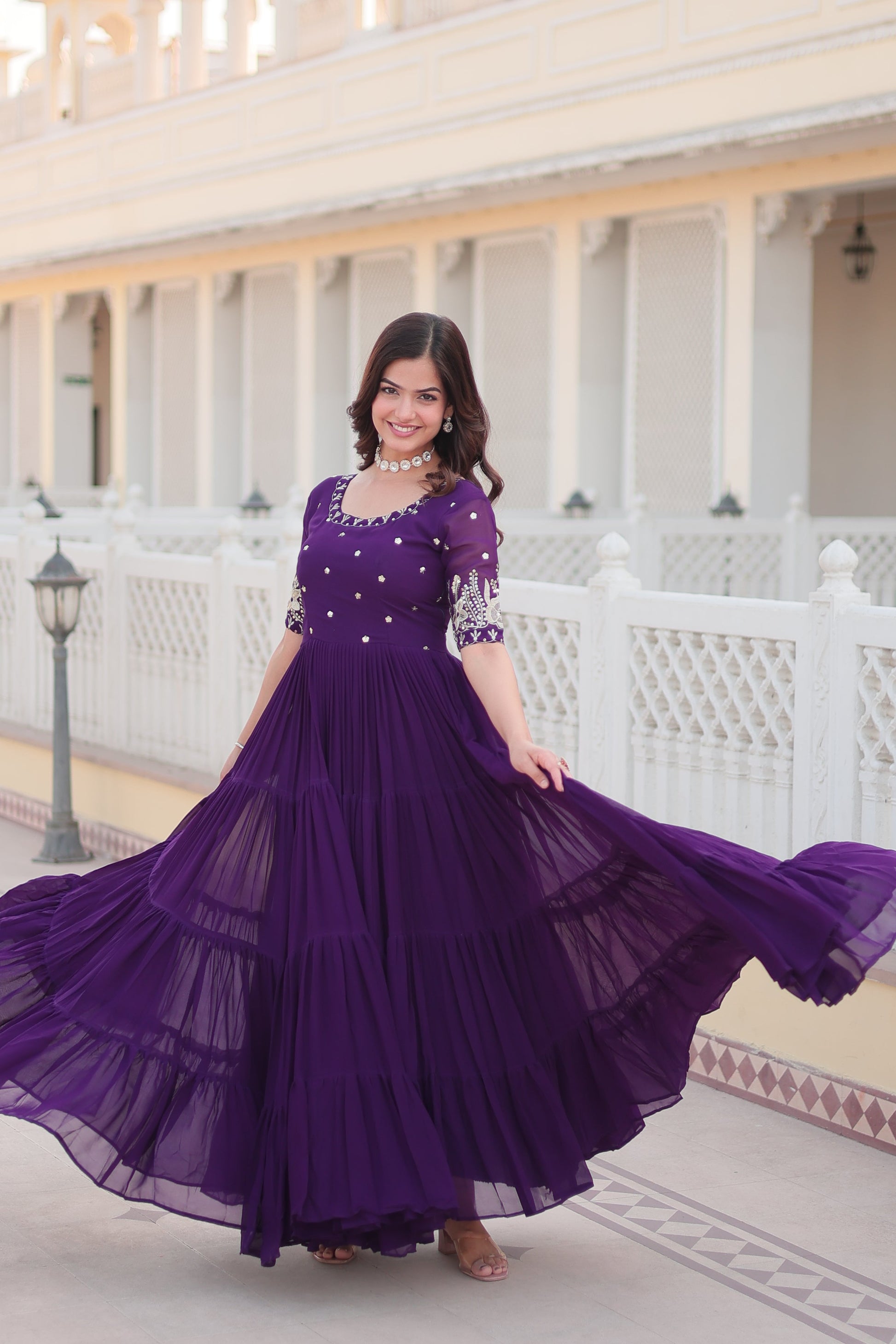 Teeya Creation Purple Color Faux Georgette Embroidery Sequence Work Fully Stitched Gown