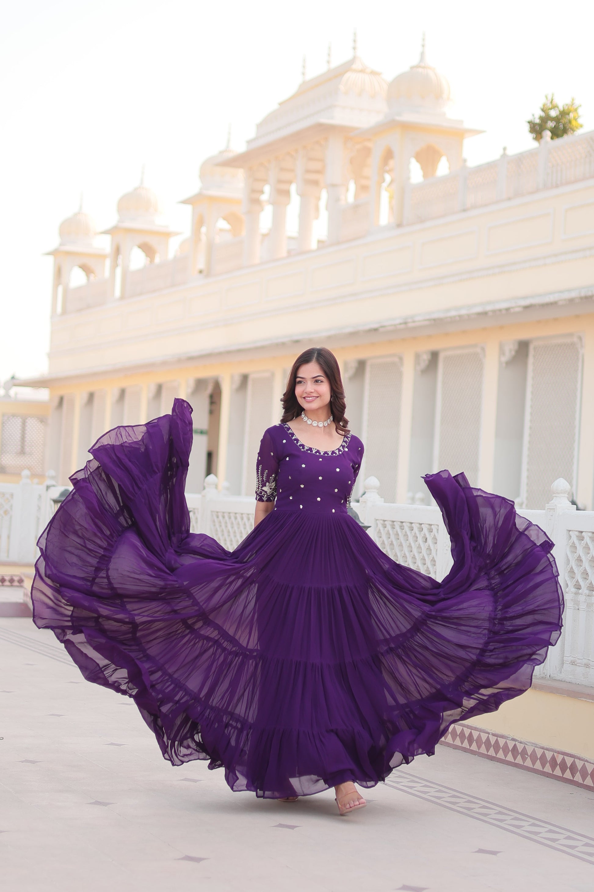 Teeya Creation Purple Color Faux Georgette Embroidery Sequence Work Fully Stitched Gown
