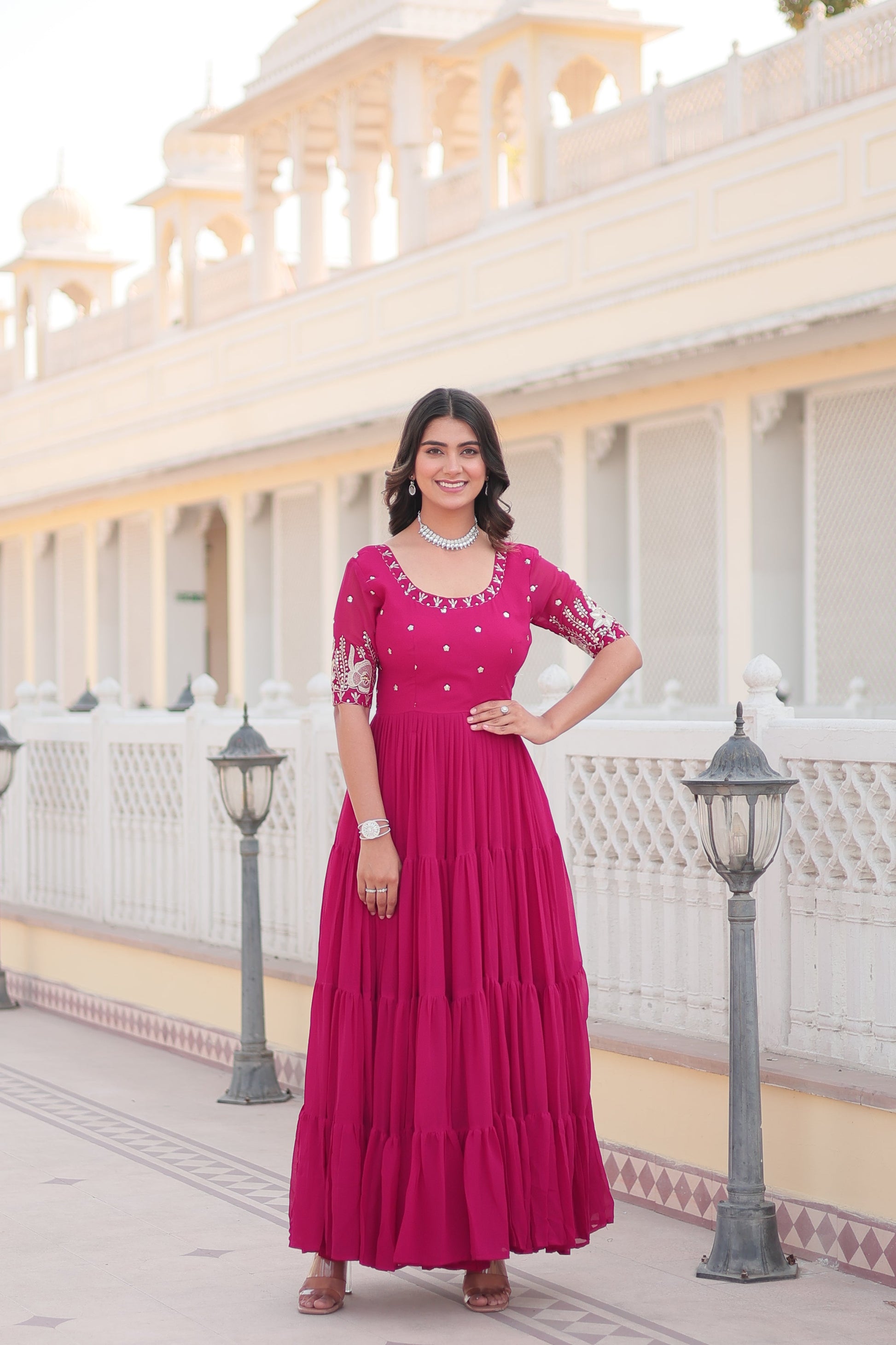 Teeya Creation Pink Color Faux Georgette Embroidery Sequence Work Fully Stitched Gown