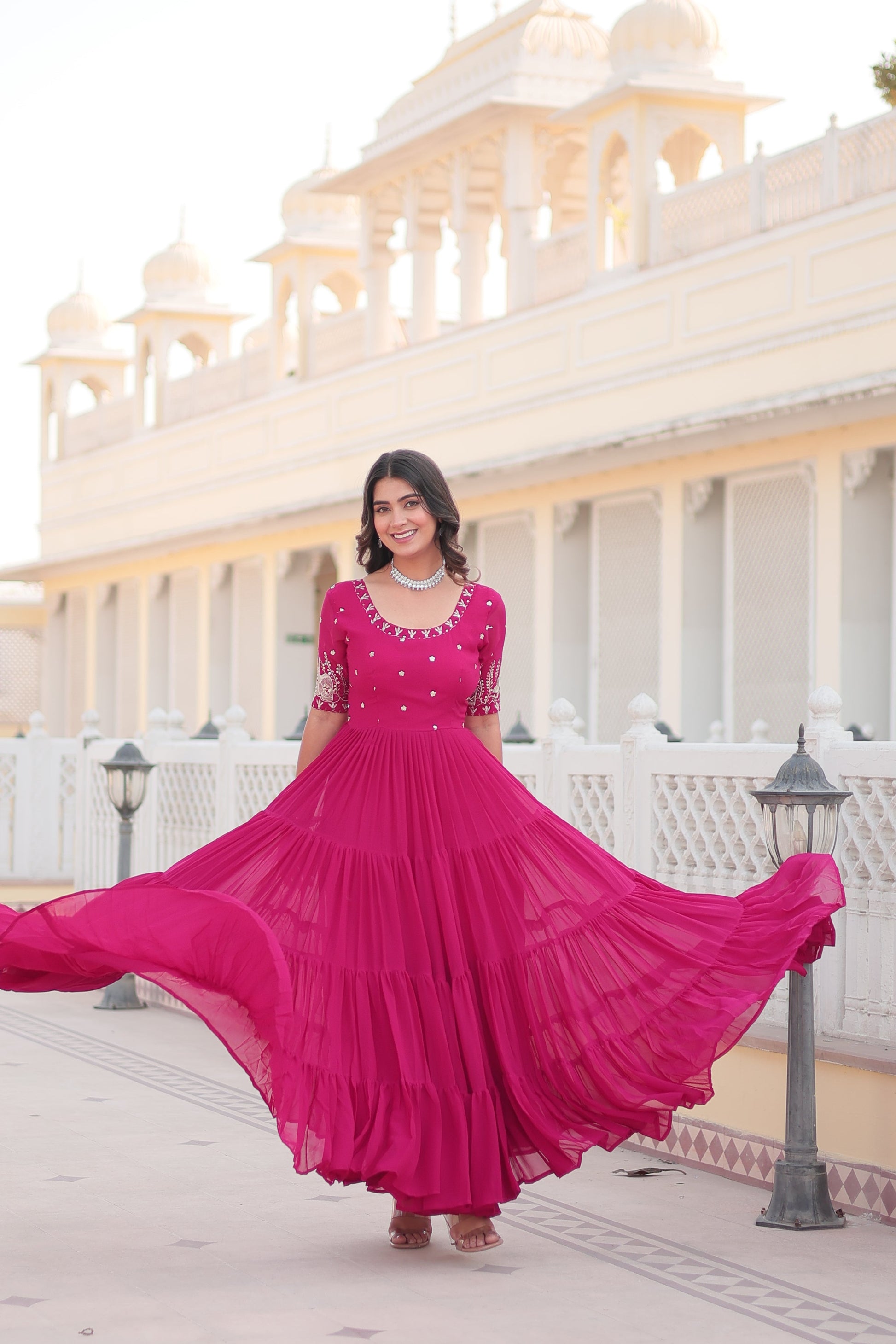 Teeya Creation Pink Color Faux Georgette Embroidery Sequence Work Fully Stitched Gown
